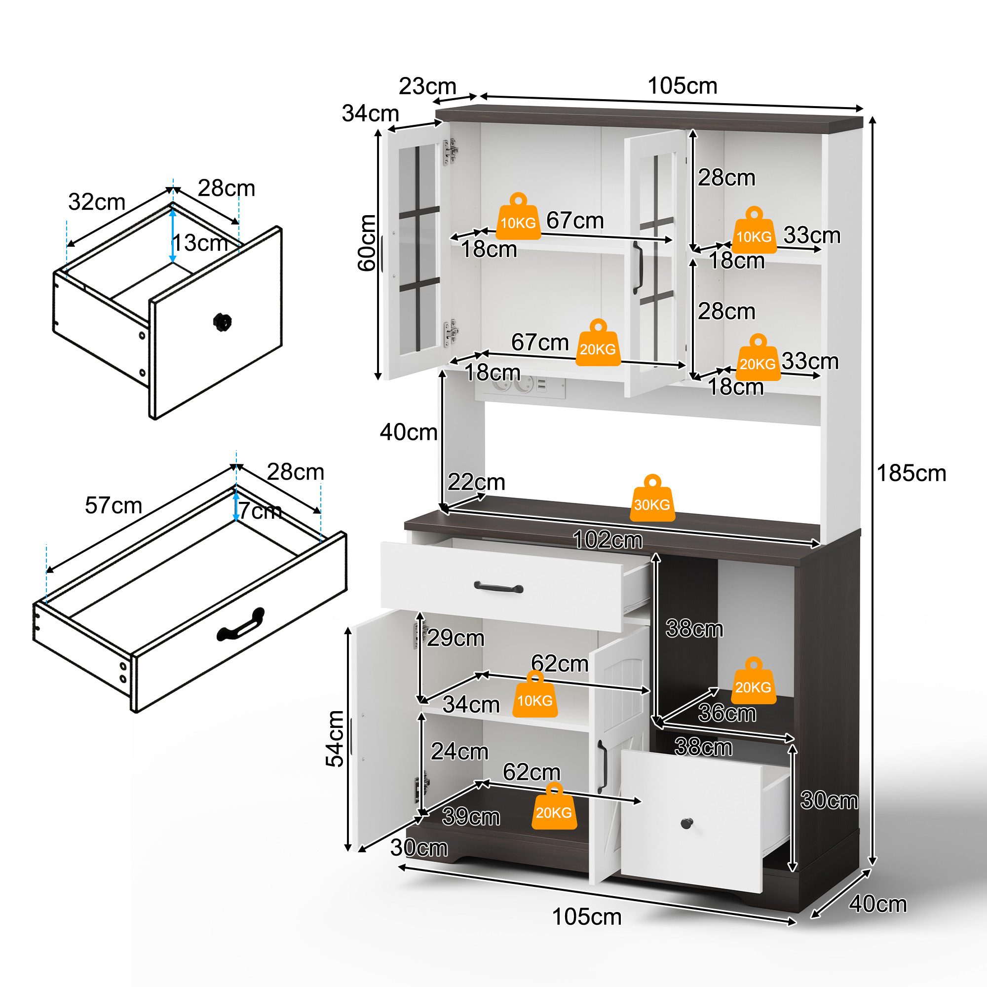 Fine Life Pro Standvitrine Hoher Scheunstil Küchenschrank 185×105×40 cm mit LED & Steckdosen
