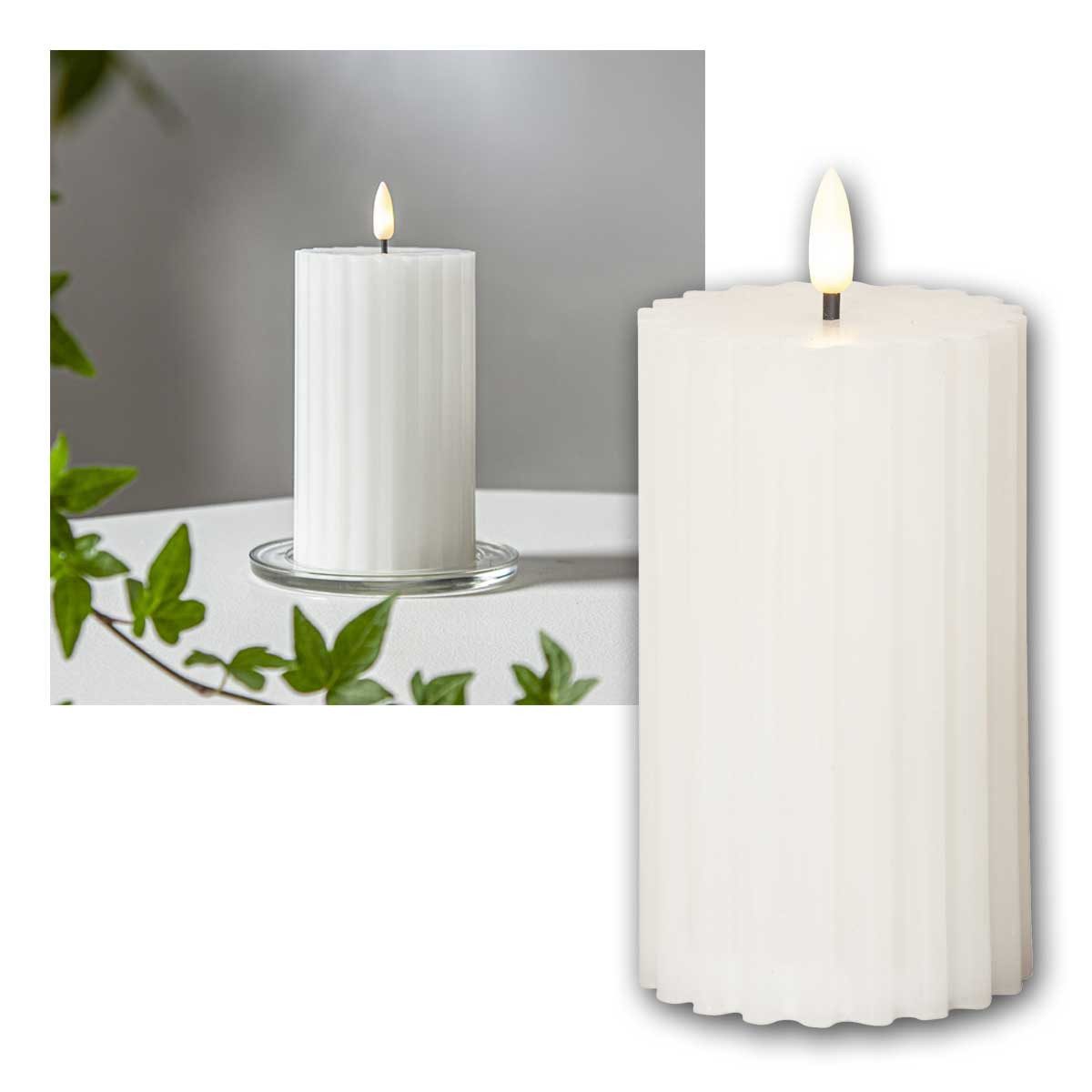 STAR TRADING LED-Kerze LED Stumpenkerze STRIPE weiß, 3D Flamme & Timer, warmweiß