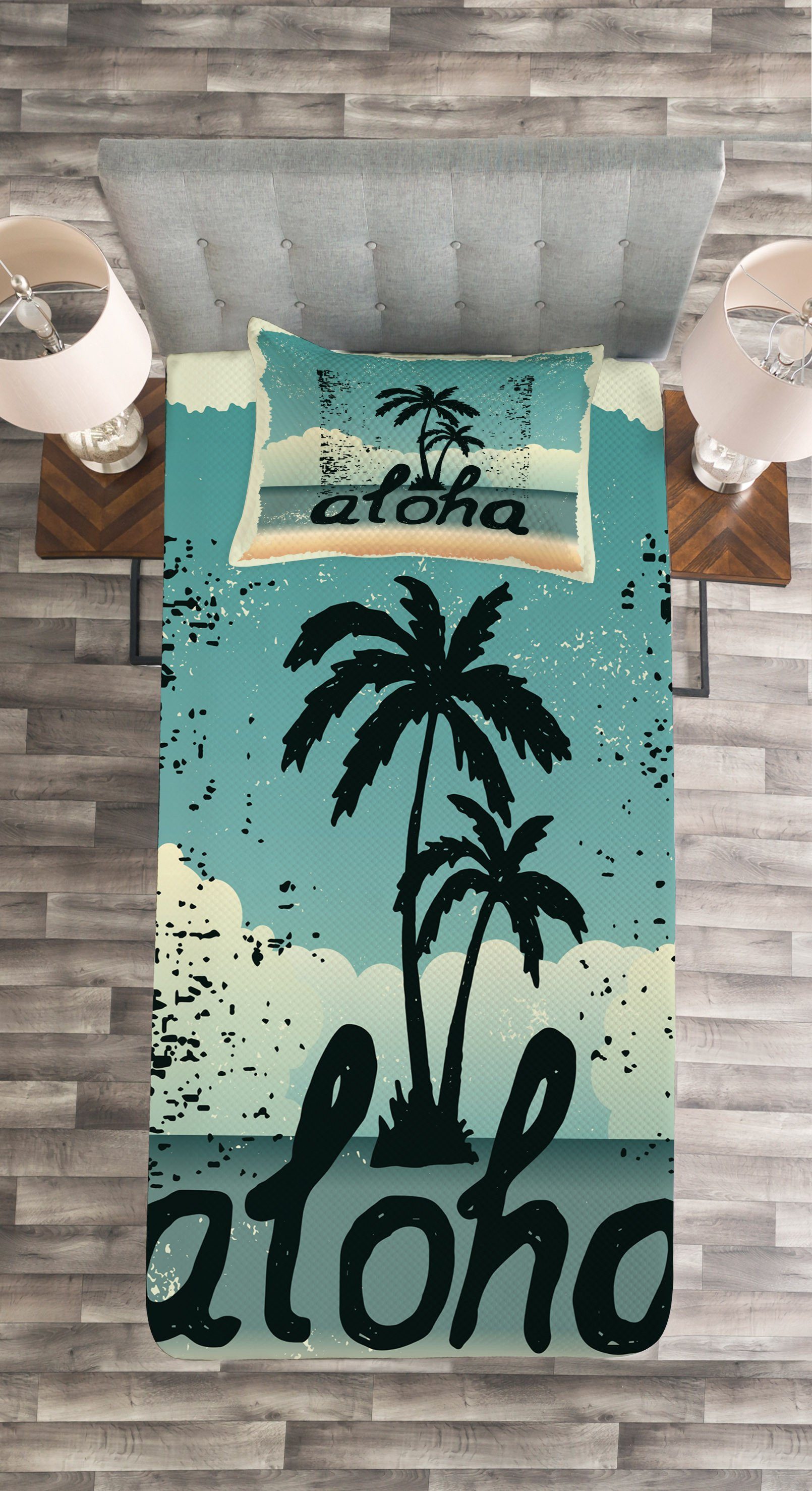Schmutz-Typografie-Palmen Kissenbezügen Set Aloha Tagesdecke mit Waschbar, Abakuhaus,