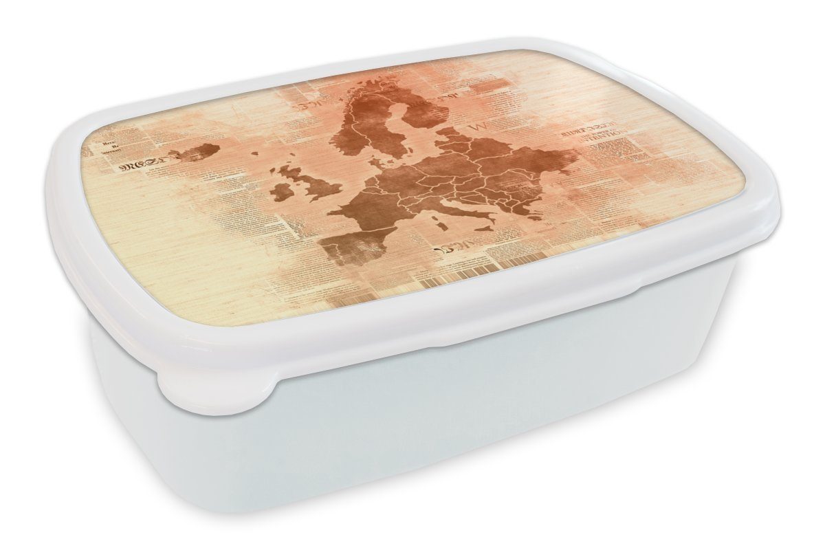 MuchoWow Lunchbox Karte von Europa - Zeitung - Orange, Kunststoff, (2-tlg), Brotbox für Kinder und Erwachsene, Brotdose, für Jungs und Mädchen weiß