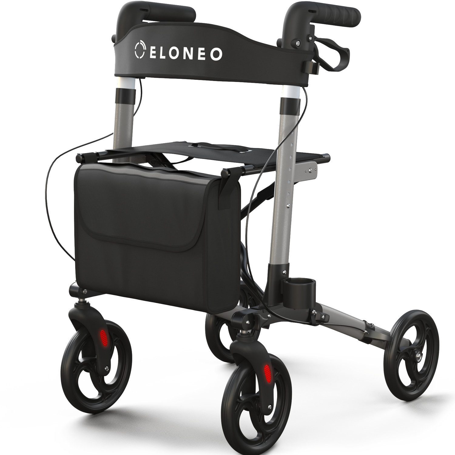 ELONEO Rollator leicht und faltbar mit Sitz, Gehhilfe 8-fach höhenverstellbar, Komfort-Sitz mit Stockhalter, Einkaufstasche & Rückengurt