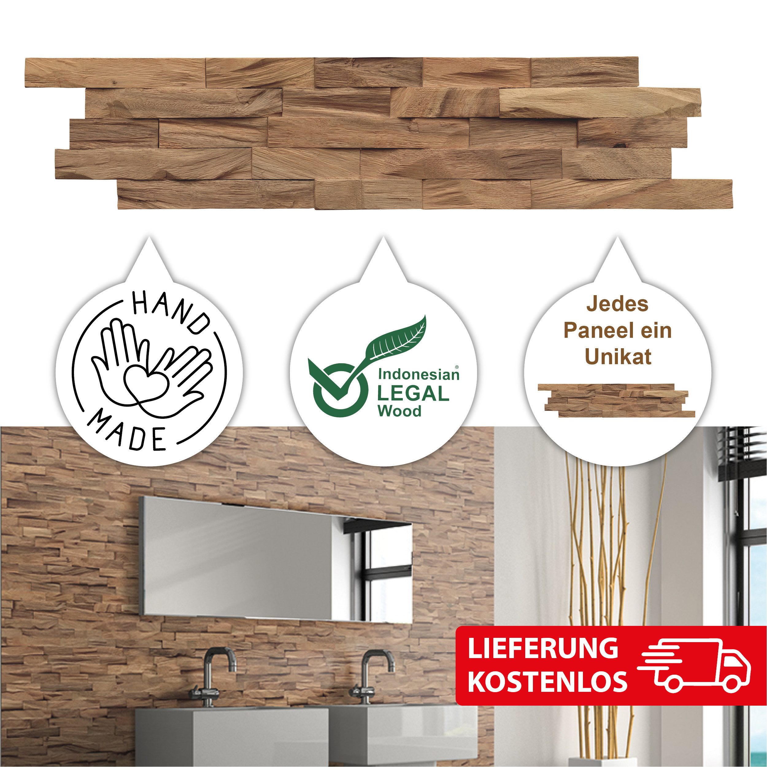 Thumbnail - INDO 3D Wandpaneel Echtholz Beachwood, BxL: 15x61 cm, 0,10 qm, (Packung mit 11 Paneele / 1 m², Versandkostenfreie Liefer...