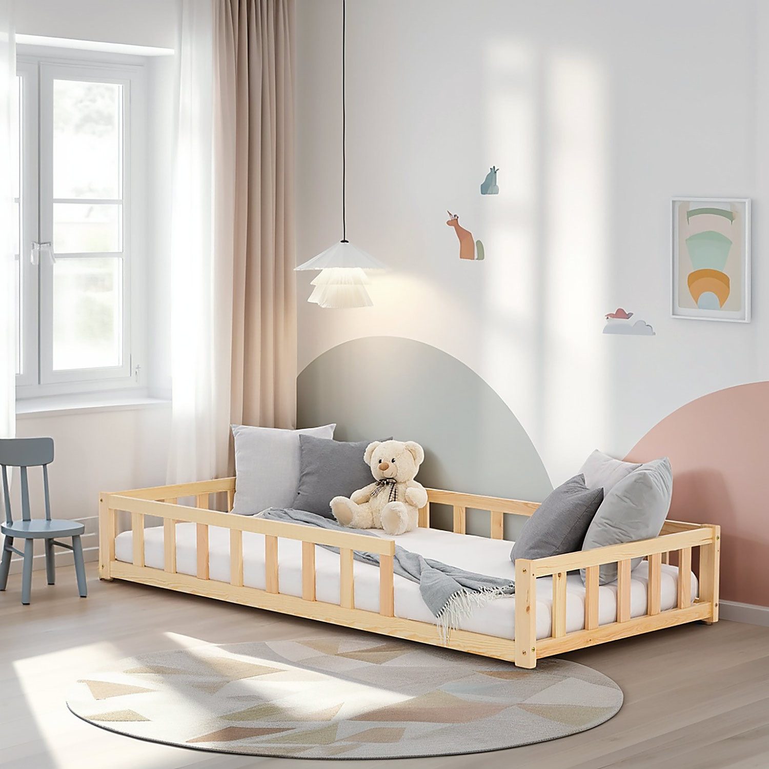 Kinderbett 90x200 / 120x200 Weiß Natur Holzbett Bodenbett Montessori Kleinkind