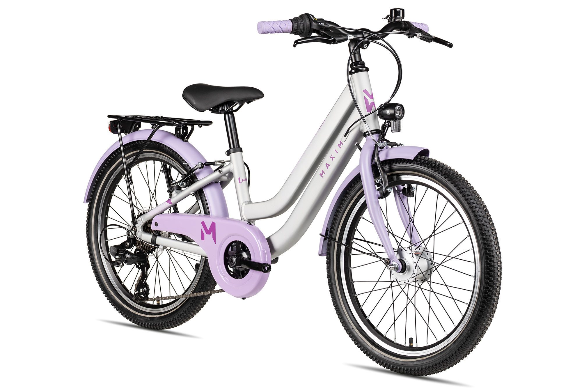 Maxim Kinderfahrrad Luna 20-7, 7 Gang Shimano Tourney RD-TY300 Schaltwerk, Kettenschaltung, leichter Aluminiumrahmen violett/rosa