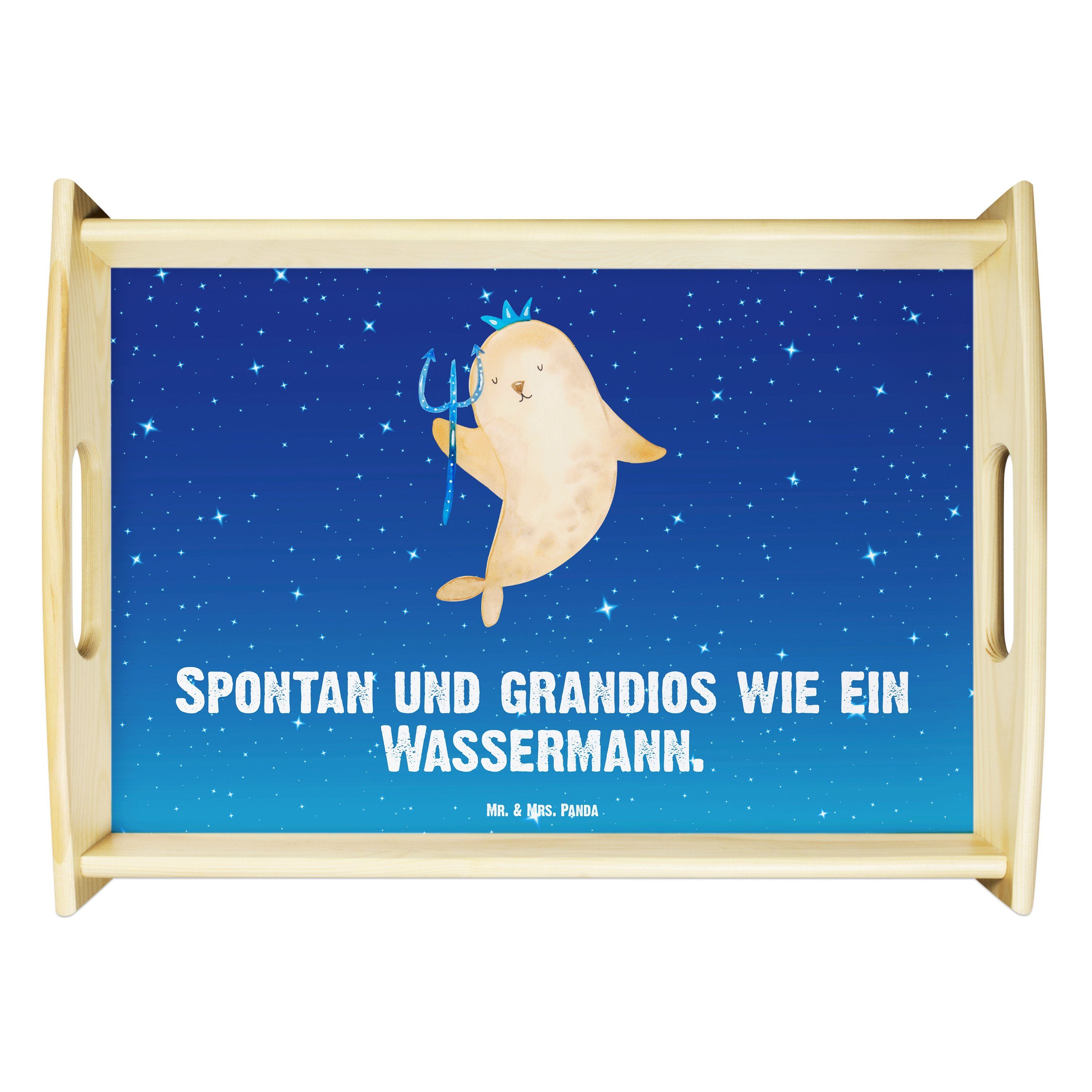 Mr. & Mrs. Panda Tablett Sternzeichen Wassermann - Sternenhimmel Blau - Geschenk, Geburtstag F, Echtholz lasiert, (1-tlg)