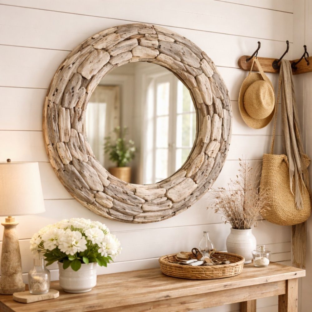 LebensWohnArt Wandspiegel Unikat Spiegel MOSAIK 60cm rund Treibholz grau-braun Massivholz