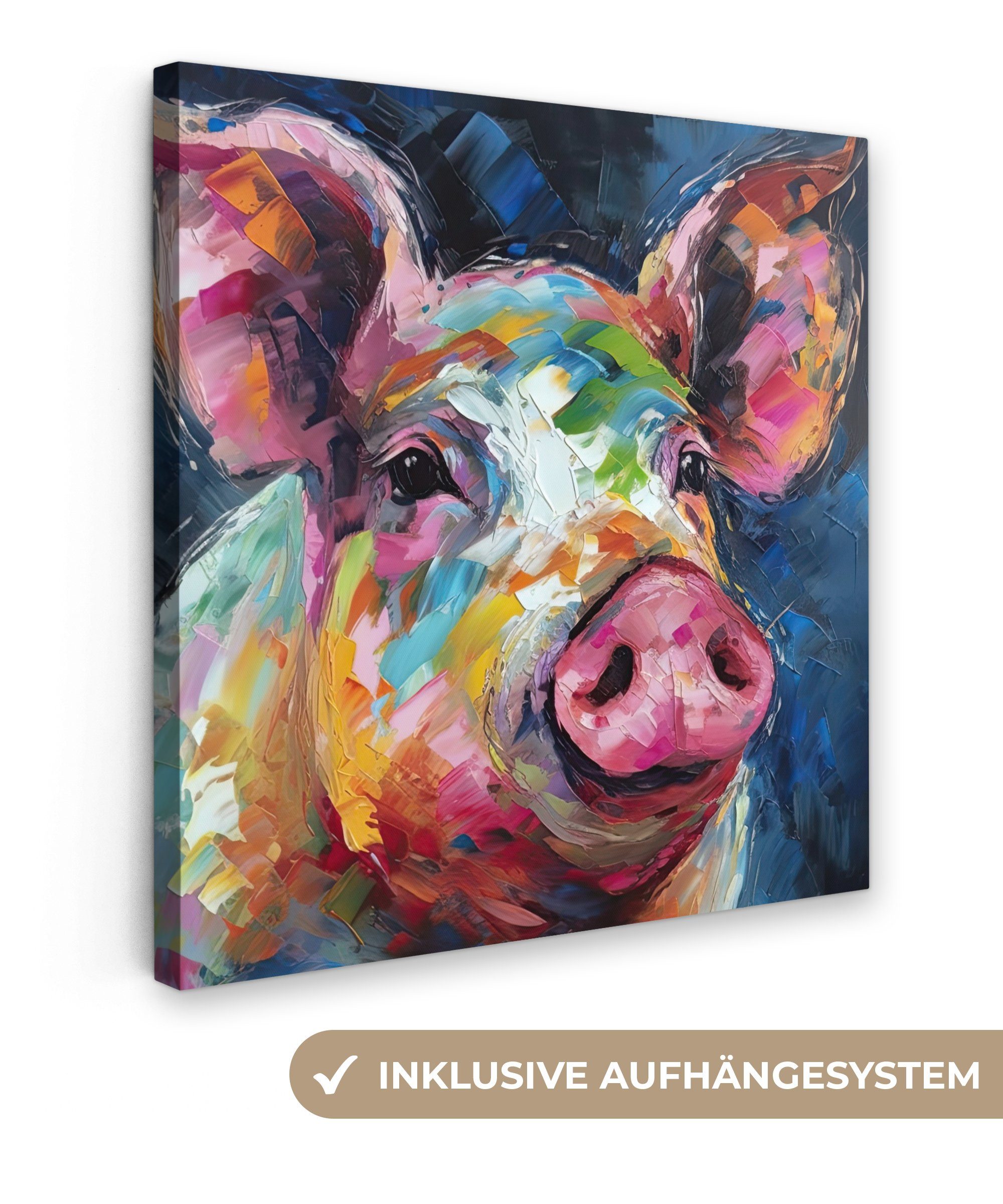 OneMillionCanvasses® Leinwandbild Schwein - Ölfarbe - Tiere - Kunst, Fotodruck (1 St), Wandbild, Deko Schlafzimmer Wohnzimmer Flur 20x20 cm