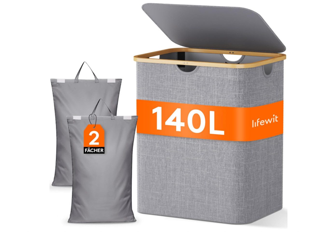 TSE Wäschekorb Lifewit 140L Wäschekorb 2 Fächer Deckel Wäschesäcke Hellgrau Groß Bad, Fassungsvermögen: 140 Liter,2 getrennte Fächer