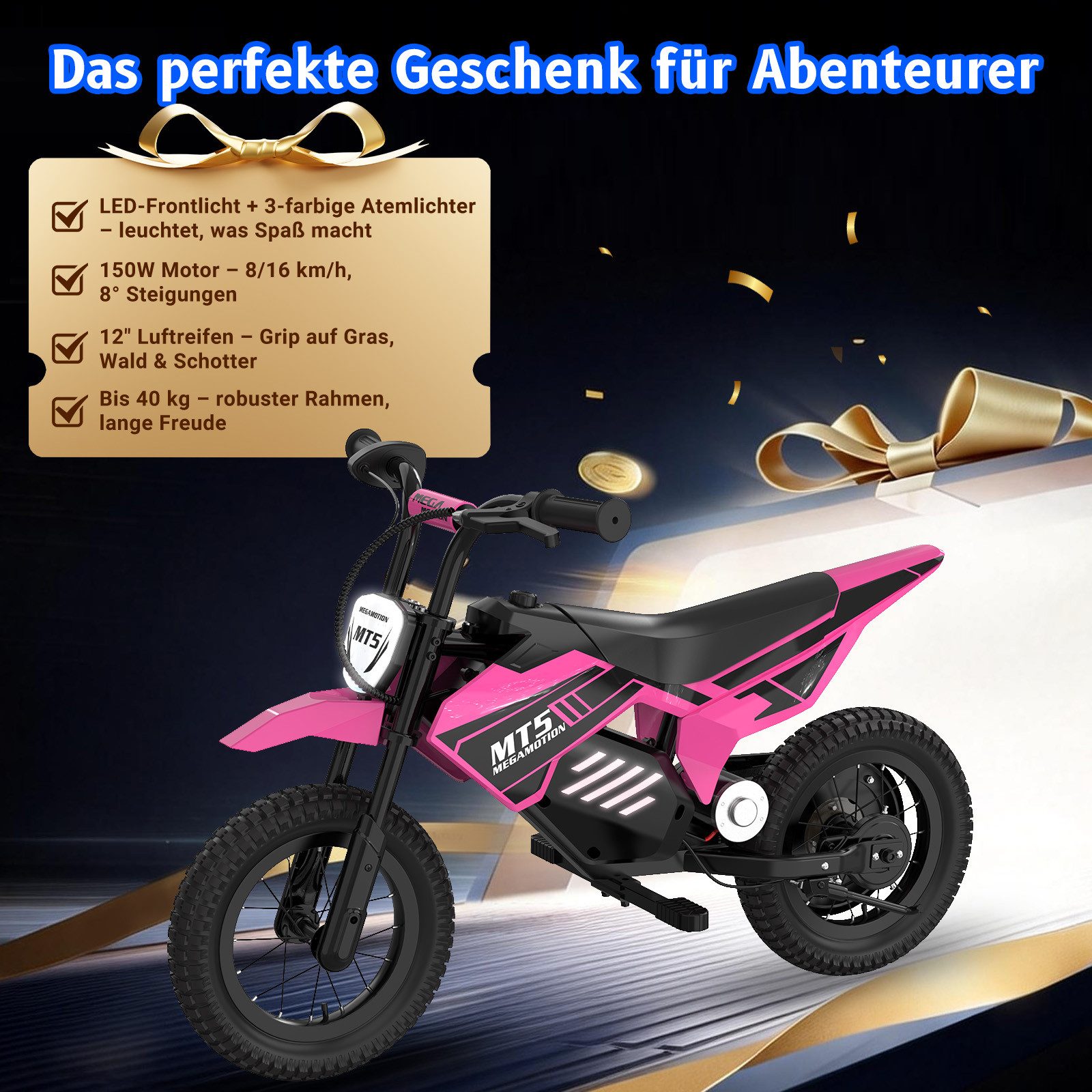 Mega Motion Elektro-Kindermotorrad MT5, 150W, 5,2AH, 8/16 km/h, 12 Zoll Luftreifen, Reichweite 10 km, Belastbarkeit 40 kg, Schnellladung 2–3 h, Elektromotorrad für ab 6 Jahren