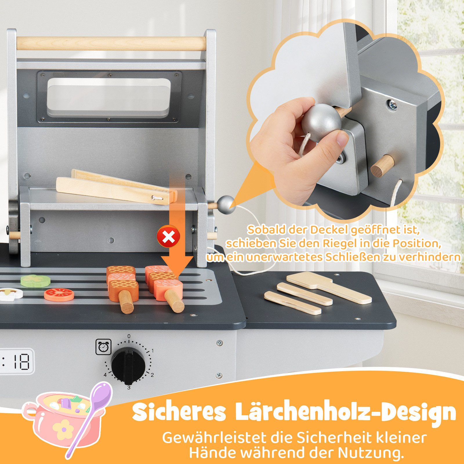 COSTWAY Kinder-Grill, Kindergrill mit Grillbesteck, 2 Grills & Klappdeckeln