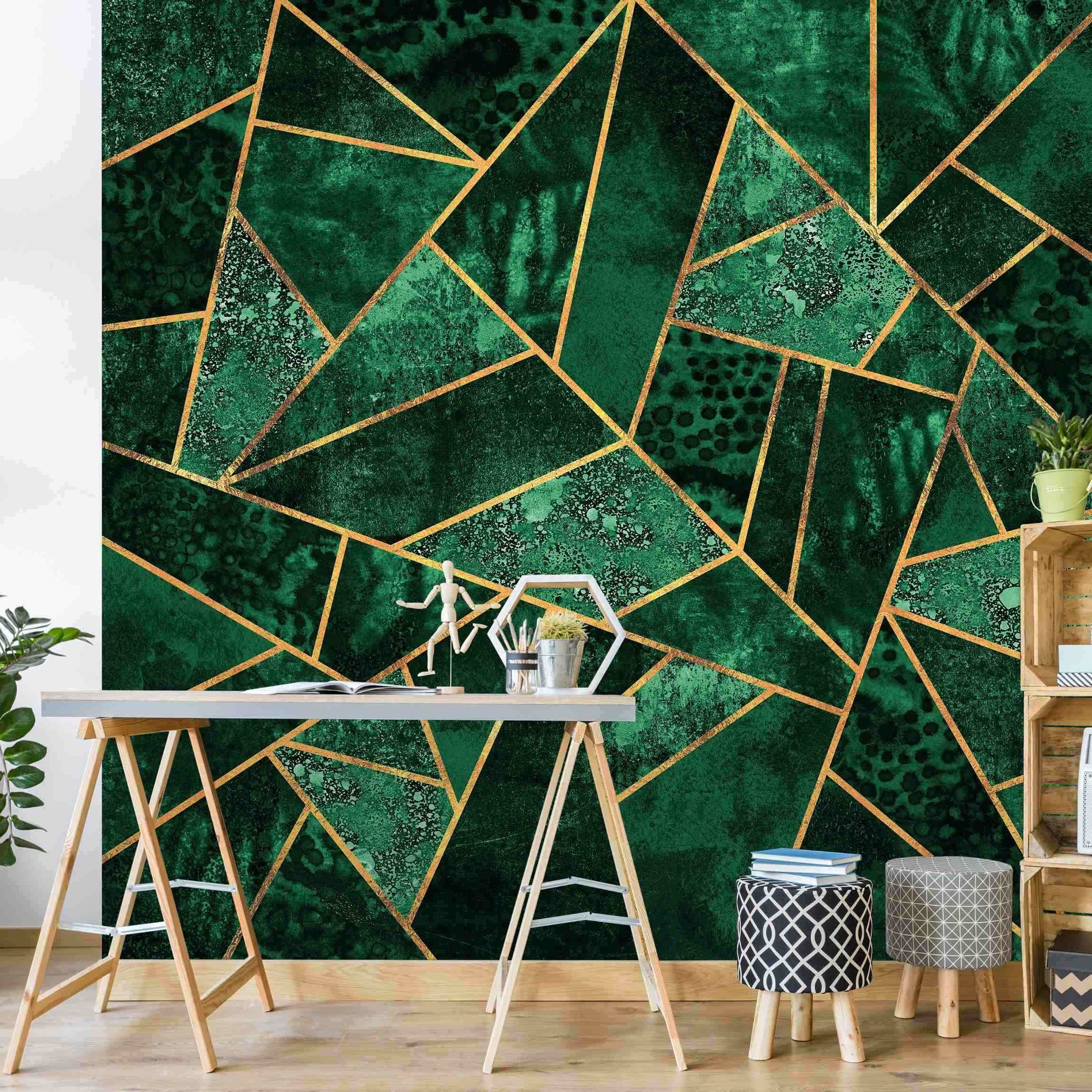 Bilderdepot24 Vliestapete Abstrakt Dunkler Smaragd Gold Tapete Wanddeko Modern Kunst, Glatt, Matt, (Vliestapete inkl. Kleister oder selbstklebend), Wohnzimmer Schlafzimmer Küche Flur Fototapete Motivtapete Wandtapete