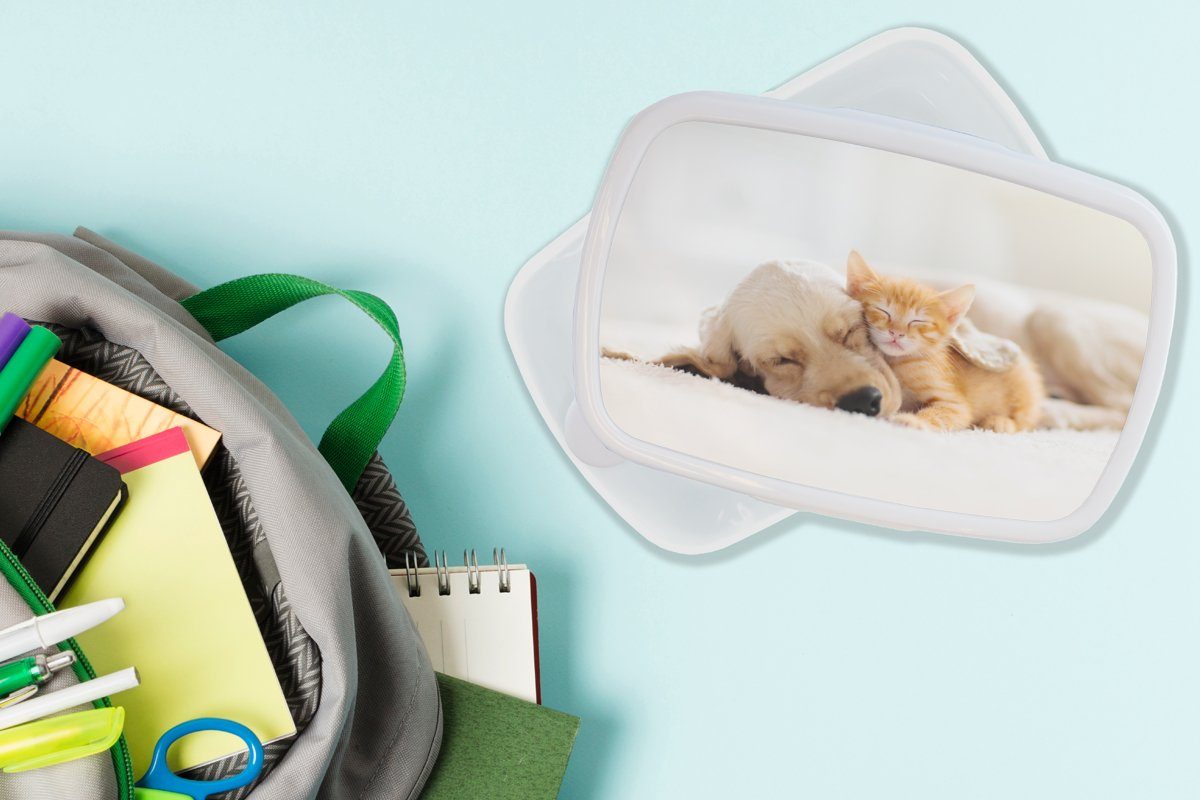 Lunchbox und Mädchen Kunststoff, Rot, Tiere Erwachsene, und - für Hund für MuchoWow Brotbox - Jungs Kätzchen Kinder weiß (2-tlg), Brotdose, -
