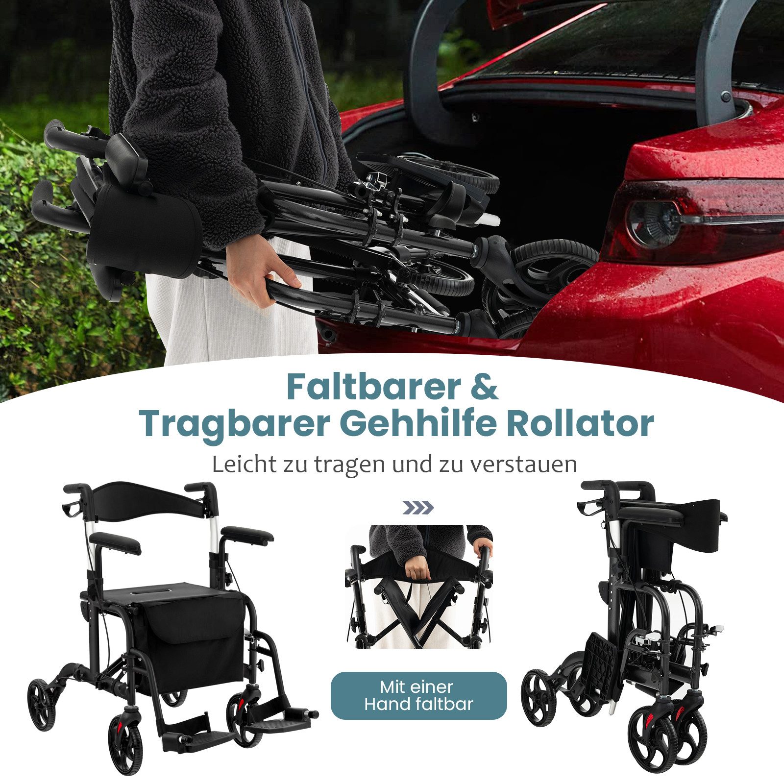 COSTWAY Rollator, Faltbar und leicht mit Sitz, 6-fach höhenverstellbar
