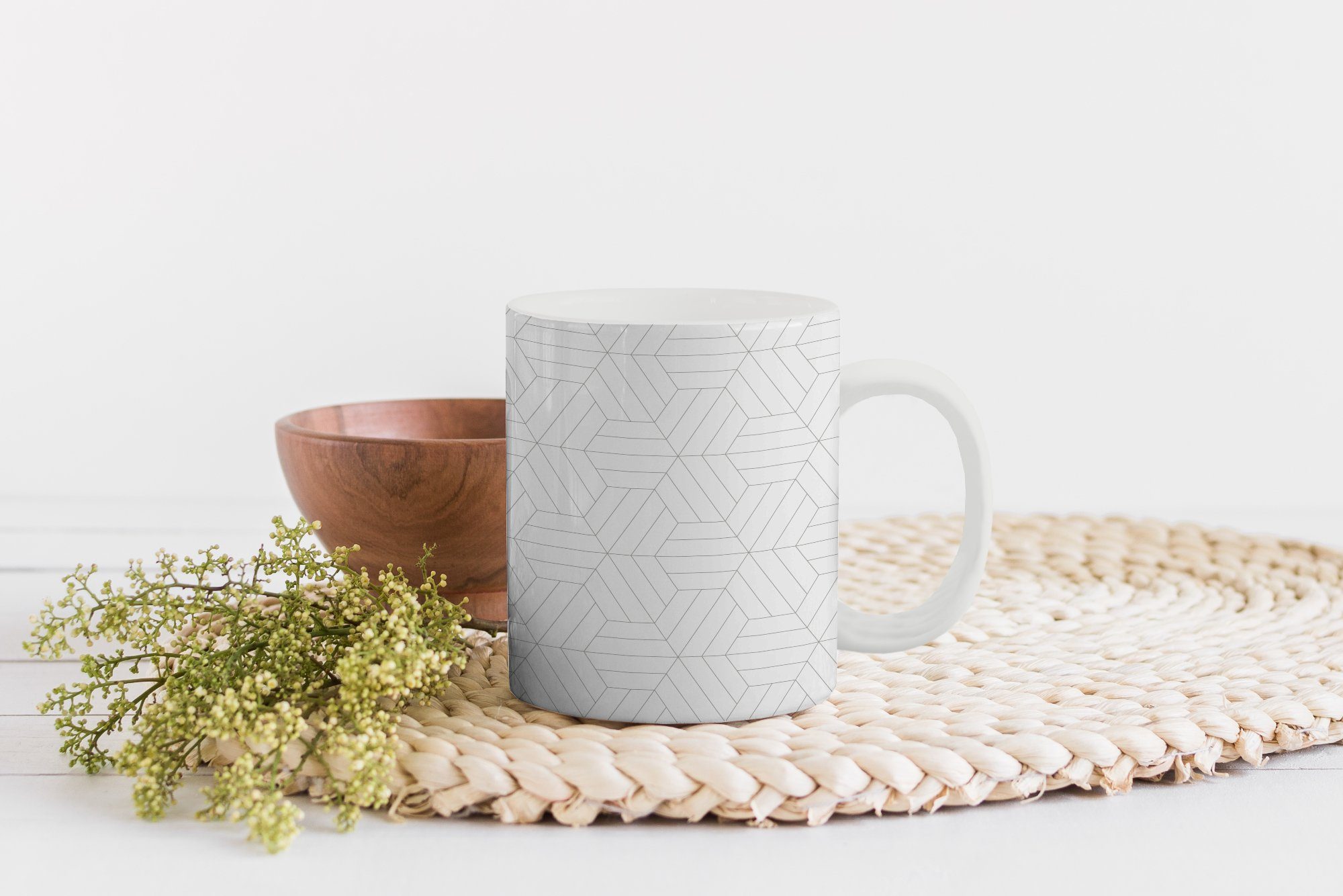 MuchoWow Tasse Muster Design Teetasse, - Teetasse, - - Keramik, Linie Weiß, Geschenk Becher, Kaffeetassen, - Schwarz