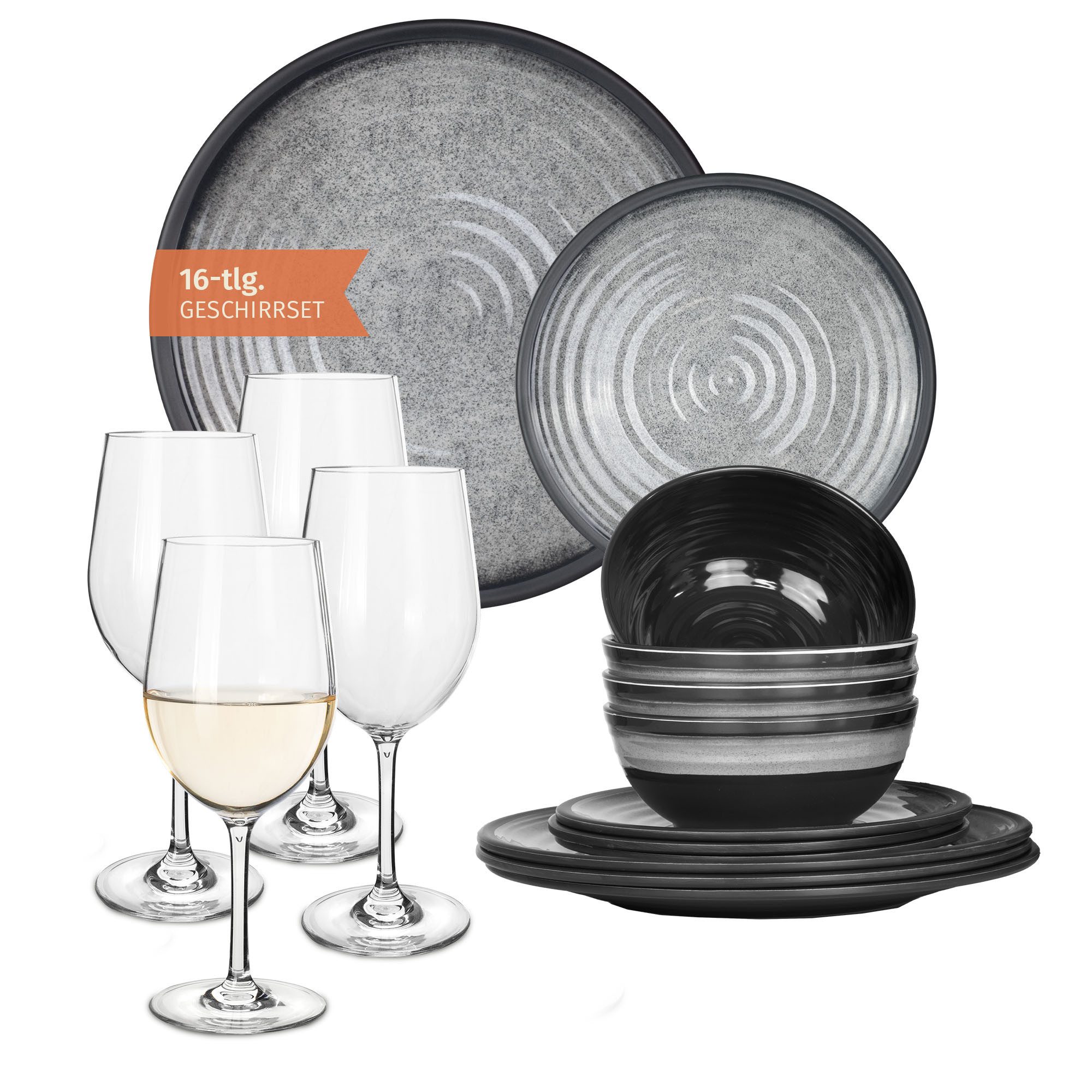 Moritz Geschirr-Set Camping Geschirr Stone Grey + Tiamo Weißweingläsern