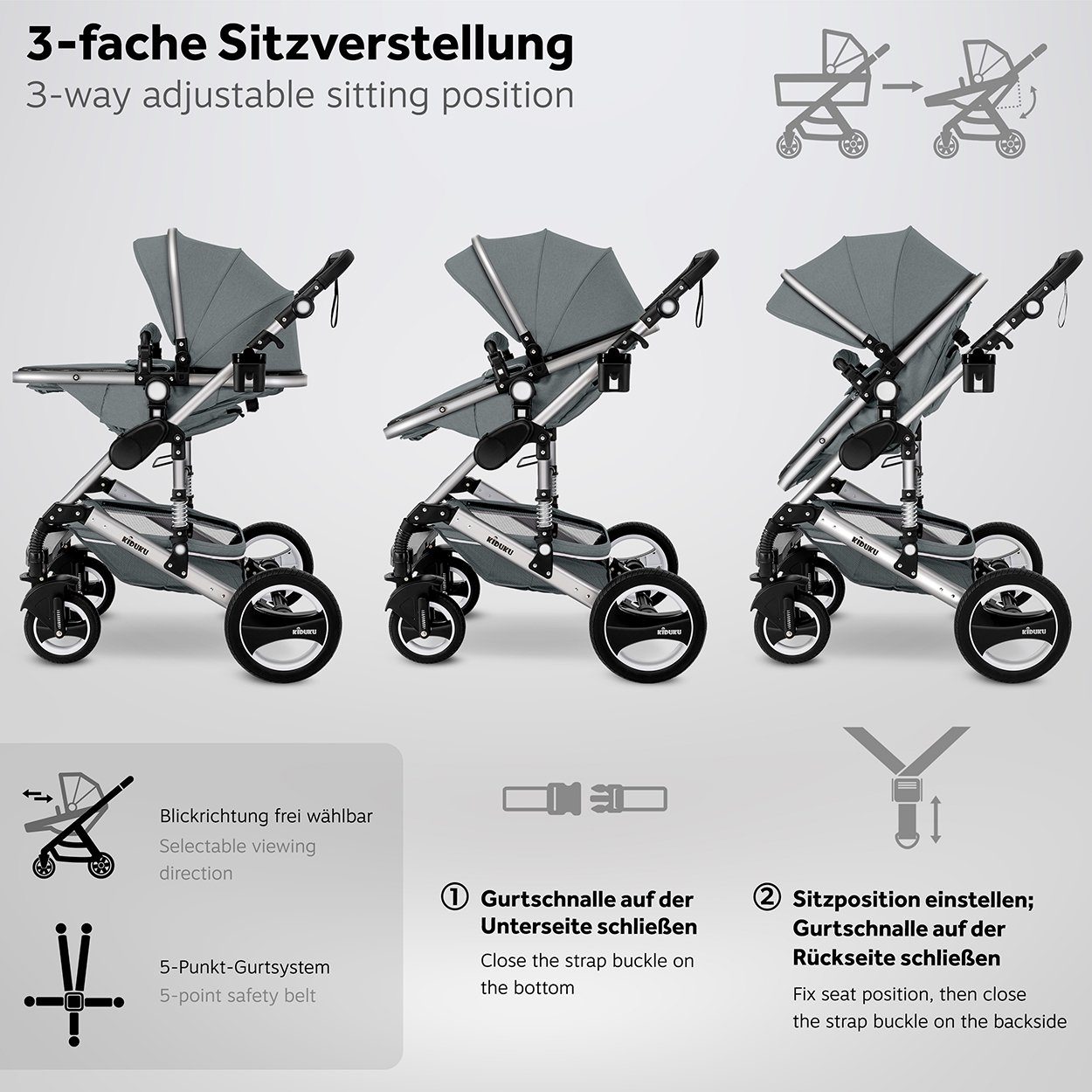 3 Voll-Gummireifen Fußsack, Wickeltasche 3 Grau Buggy Buggy inkl. Auto-Babyschale in KIDUKU® Reisebuggy, Regenschutz Kombi-Kinderwagen Kindertisch Babywanne KIDUKU Kombi-Kinderwagen Komplettset 1 1 in