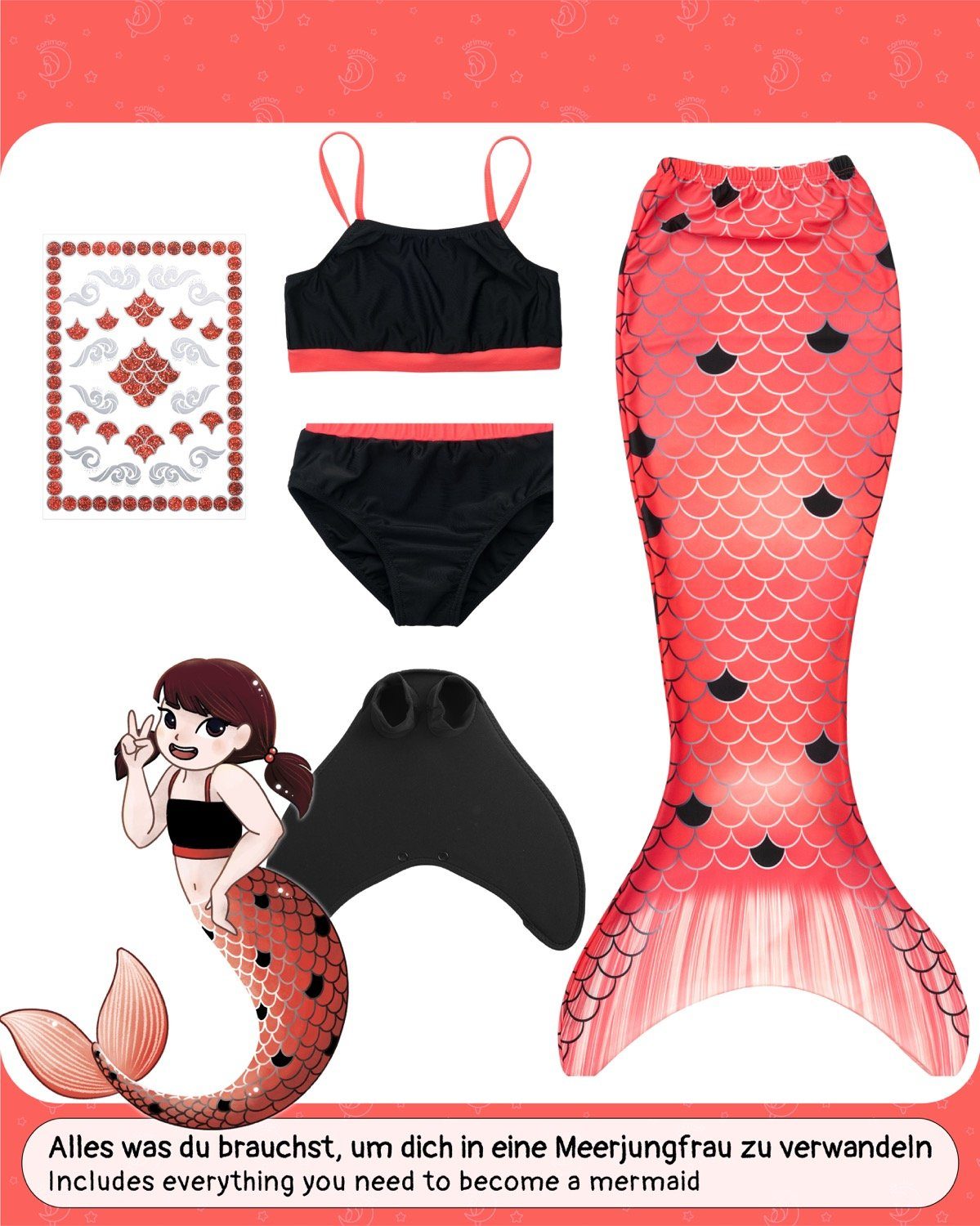 Corimori Monoflosse Meerjungfrauenflosse mit Bikini und Tattoos, Merjungfrauen Schwimmflosse mit Bikini Set