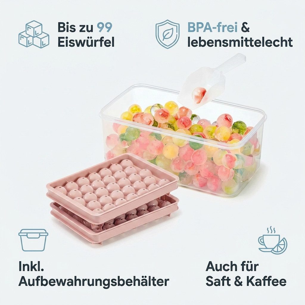 H-basics Eiswürfelform 3-tlg Rosa Silikon Behälter mit Deckel 99 Würfel
