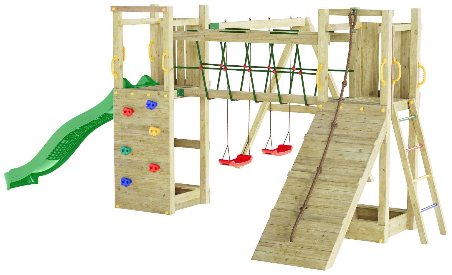 FUNGOO Spielturm Maxi Funny Exposure, Schaukel, Rutsche mit Wasseranschluss, Sandkasten, Brückenverbindung