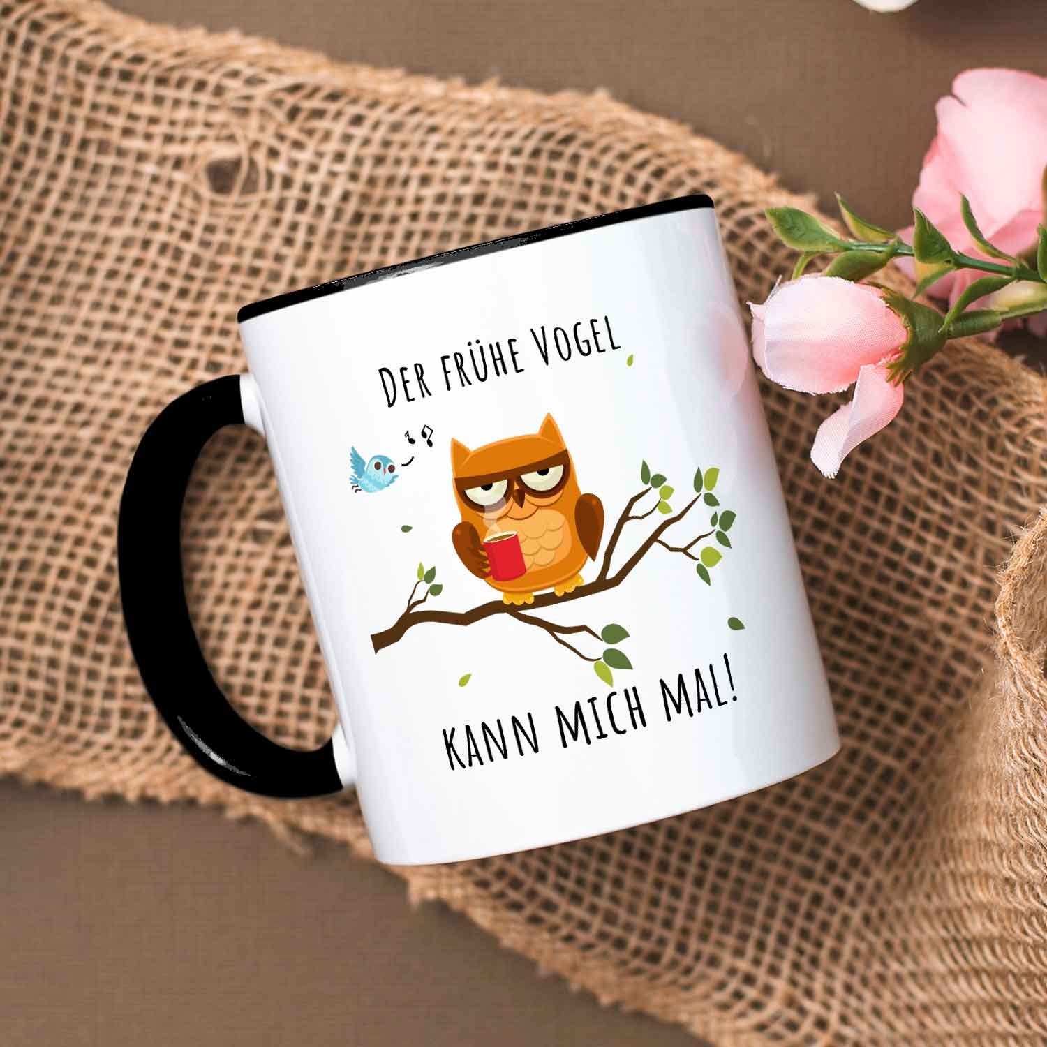 GRAVURZEILE Tasse bedruckt mit Spruch - Der frühe Vogel kann mich mal! - Fun Geschenke, - Farbe: Schwarz & Weiß