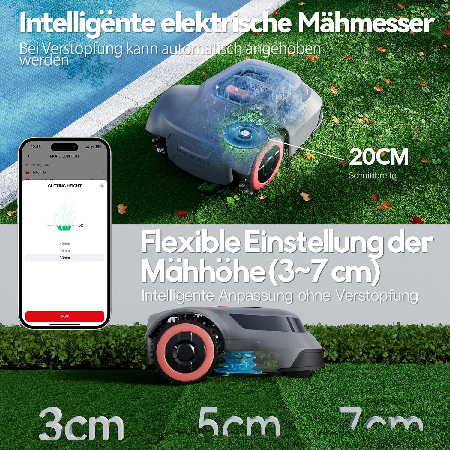 Redkey Rasenmähroboter MGC500/1000 Akku Rasenroboter Kabelbruch Finden Automatisch, bis 500 m² Rasenfläche, (Steuerung über APP WiFi/Bluetooth), Automatisch Aufladefunktion