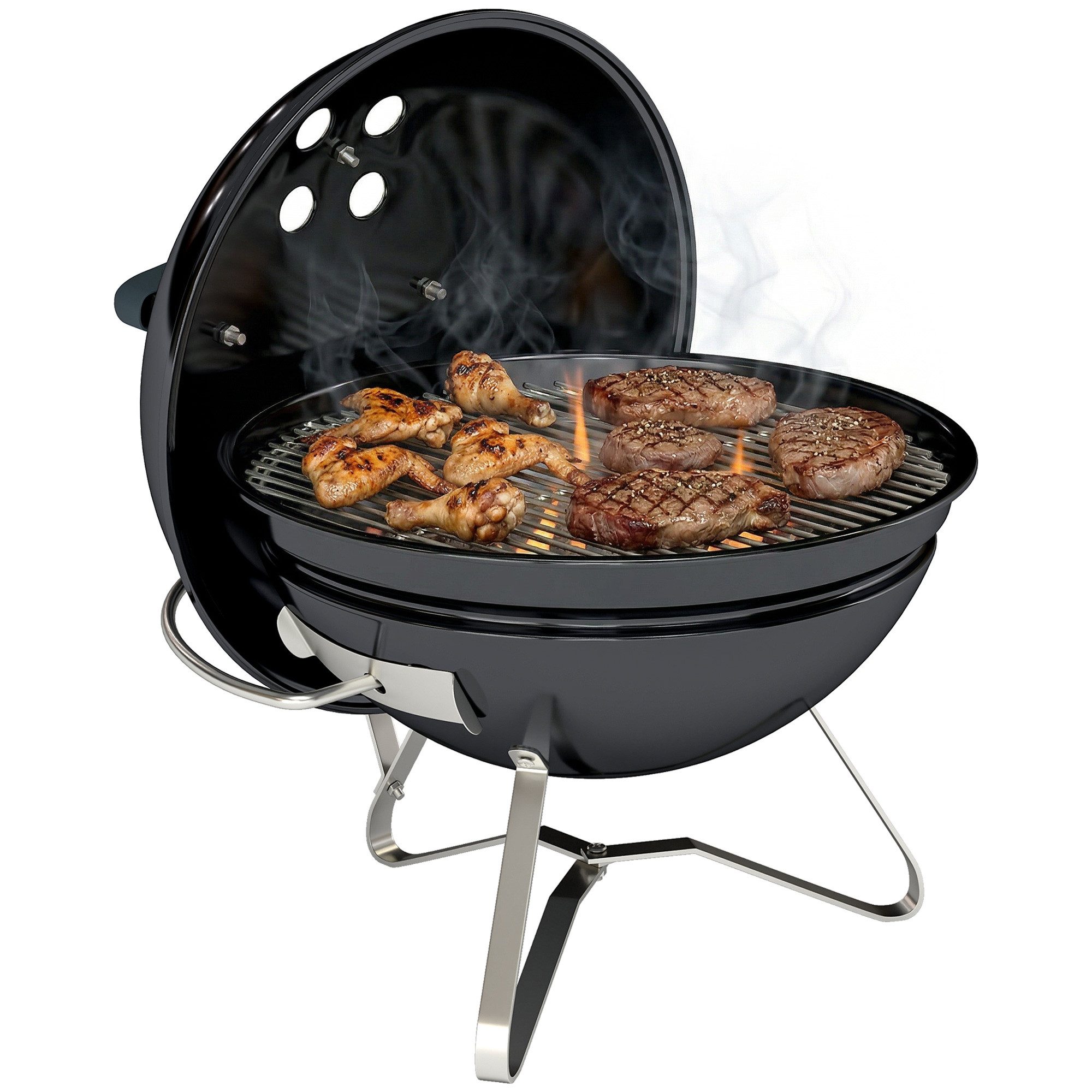 Outsunny Holzkohlegrill mit Deckel Griff verstellbaren Lüftungsschlitzen, Tragbarer Kugelgrill, Kohlegrill, für Barbeque Camping, Terrasse, Garten 41 x 41 x 44 cm Schwarz