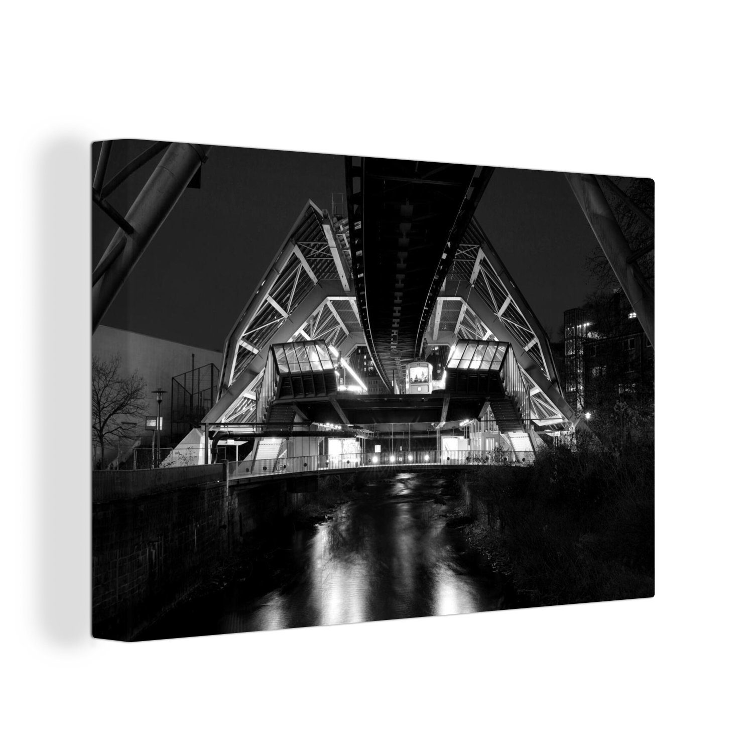 OneMillionCanvasses® Leinwandbild Der farbenfrohe Bahnhof von Wuppertal - schwarz und weiß, (1 St), Wandbild Leinwandbilder, Aufhängefertig, Wanddeko, 30x20 cm