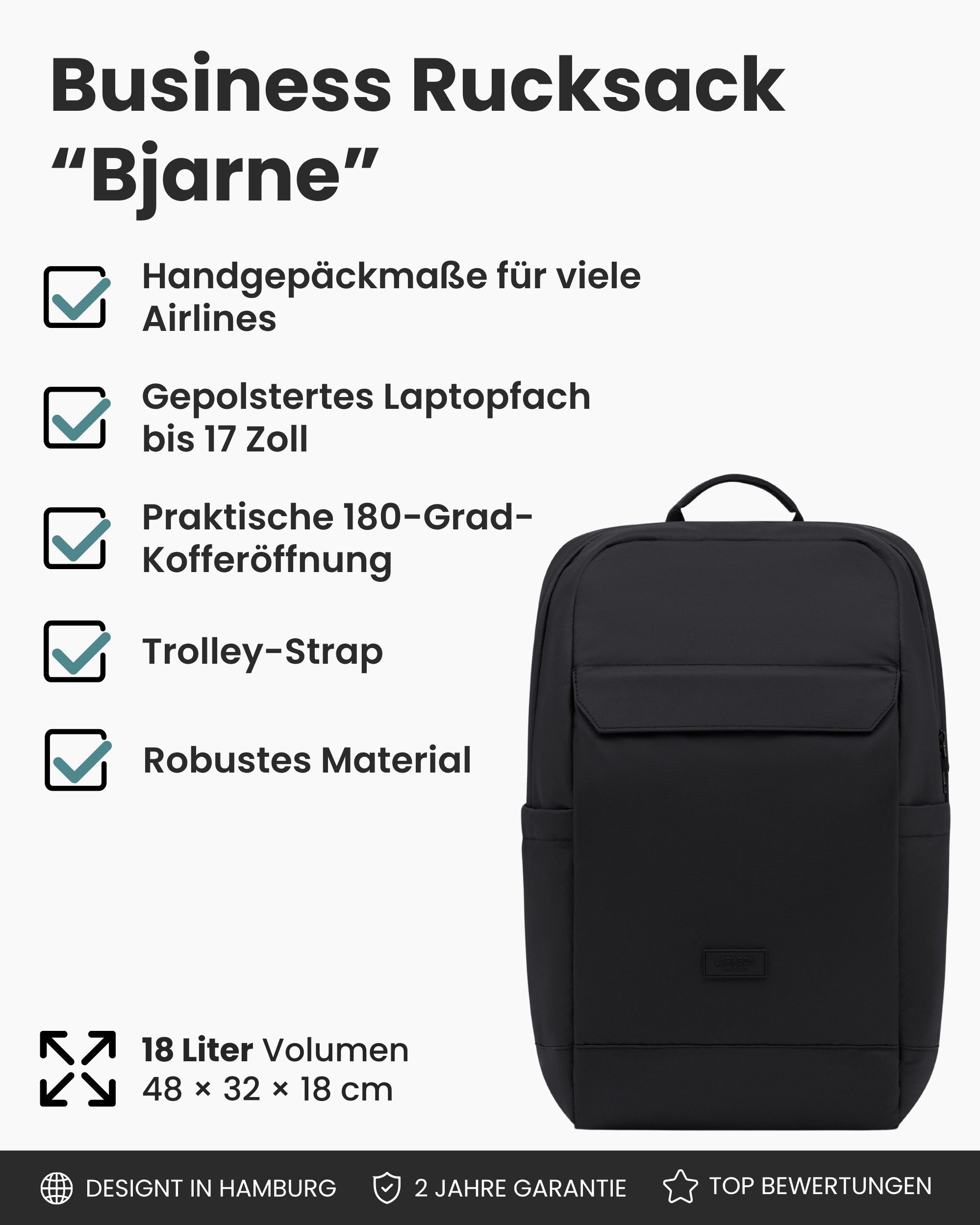 LARKSON Rucksack Bjarne Business Rucksack für Herren, Kleines Handgepäck für Geschäftsreisen, 17 Zoll Laptopfach