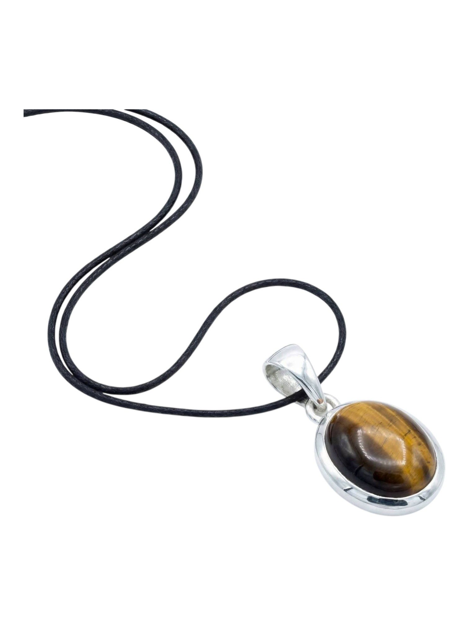 mantraroma Kettenanhänger MIALE oval aus 925 Silber mit Tigerauge (Kettenanhänger am Baumwollband im Schmuckbeutel), 925 Sterling Silber Kettenanhänger für Damen