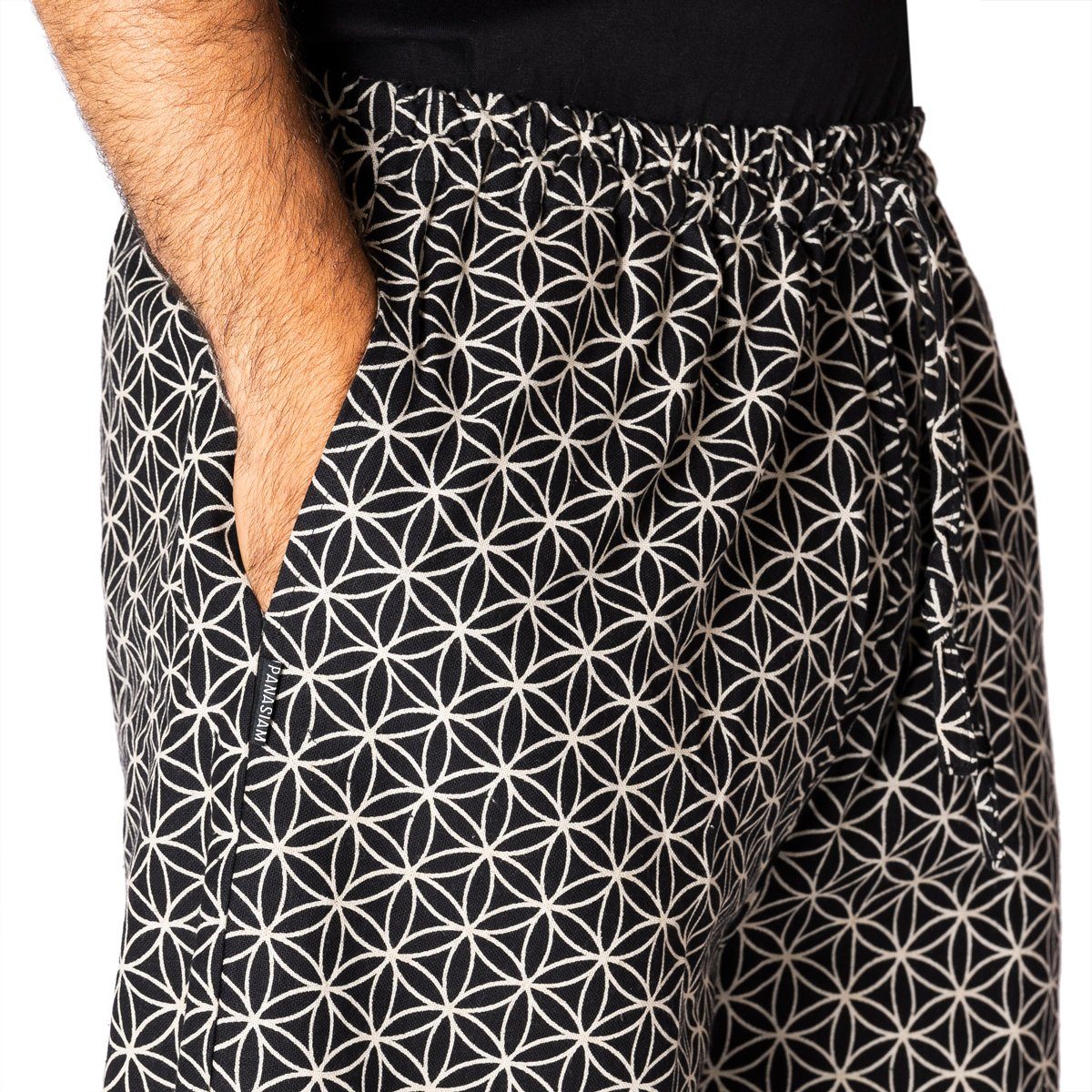 gewebter PANASIAM Unisex heilige grob Geometrie leicht schwarz und Baumwolle Muster bequeme Muckhose Lebensblume. Geometrix Freizeithose Haremshose Stoffhose japanische aus