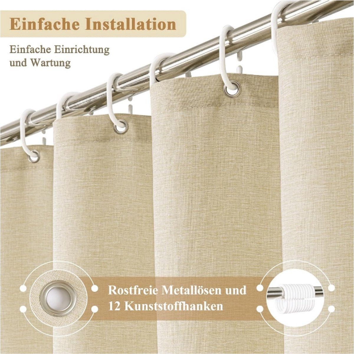 Kraftverdia Duschvorhang Leinen-Look Duschvorhang 180x200cm – Wasserdicht & Waschbar – Bild 3 von 5