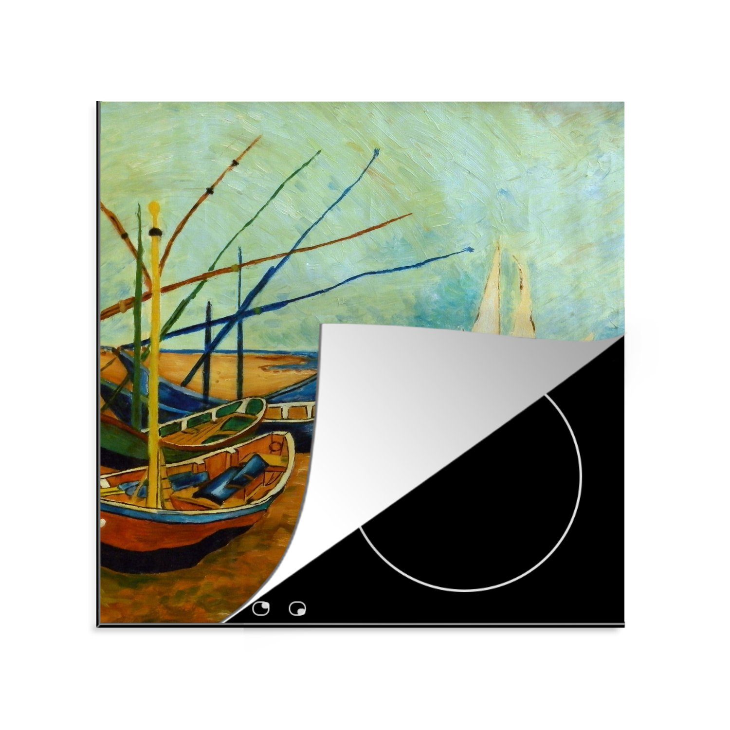 - Herdblende-/Abdeckplatte (1 cm, für MuchoWow Vinyl, tlg), Ceranfeldabdeckung, Gogh, Strand Gemälde Fischerboote von Arbeitsplatte küche 78x78 van am Vincent
