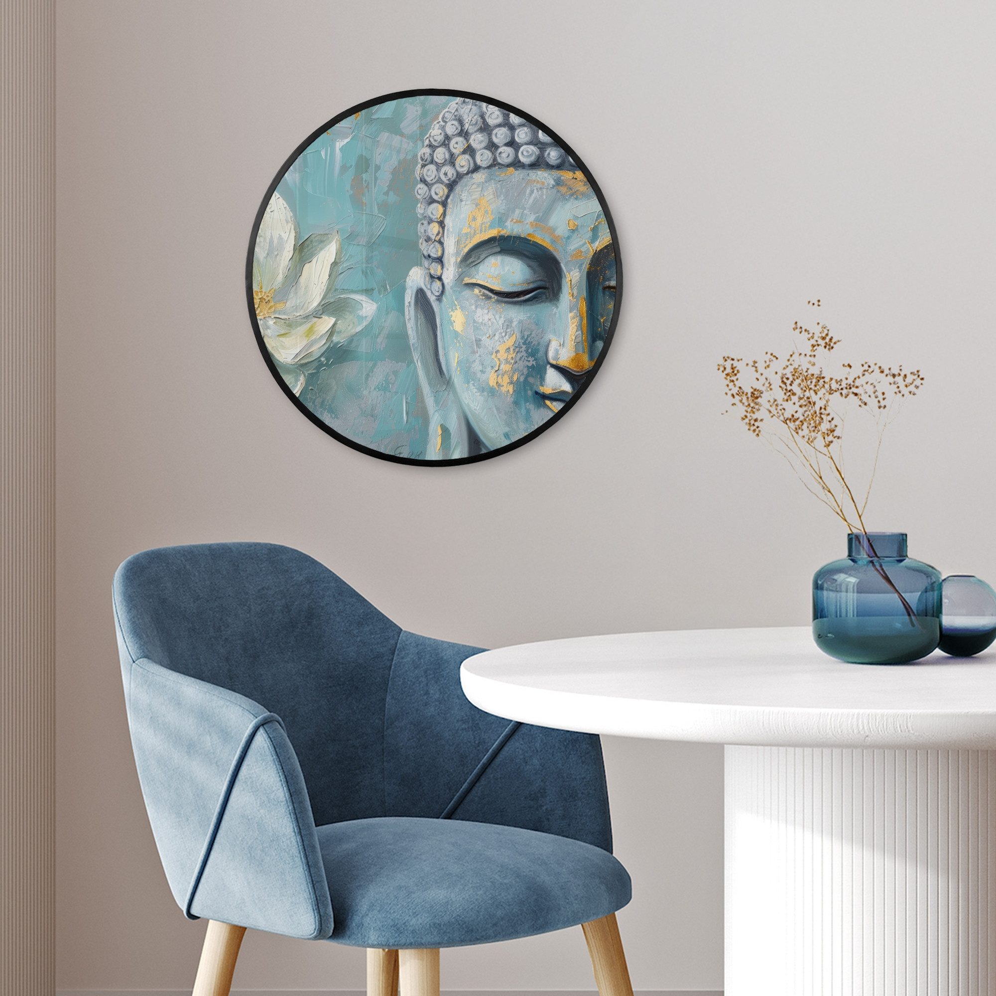 MuchoWow Poster Rund - Buddha - Blume - Lotus - Gold - Blau, (1 St), Runde Wandbilder, Deko für Wohnzimmer und Schlafzimmer, 40x40 cm