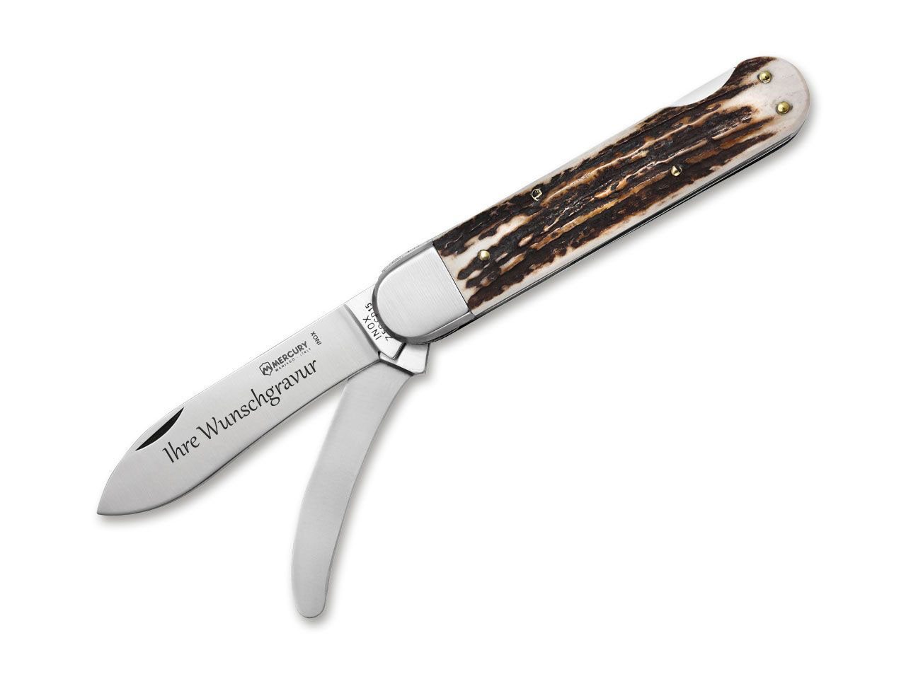 Mercury Taschenmesser Jagdtaschenmesser, Hirschhorn-Griffschalen, mit Namensgravur, (Personalisiert, Wunschgravur per Laser), Mercury Jagdtaschenmesser, Klinge Z50CD15