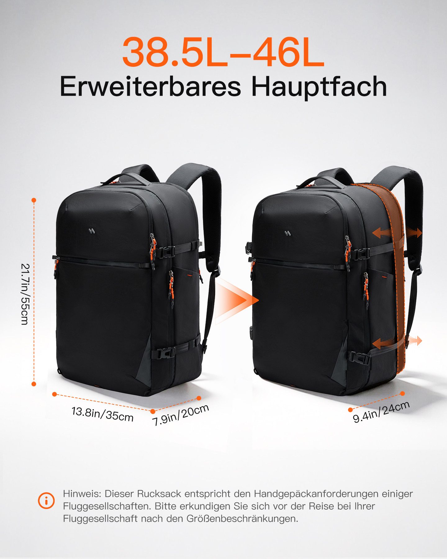 Inateck Reiserucksack Leichter 38.5-46L Lerweiterbarer Handgepäck Flugzeug Rucksack, für 16 Zoll Laptop, Spritzwassergeschützt