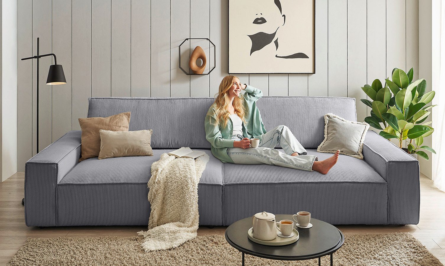 OTTO home Big-Sofa SHERWOOD XXL Cord, Big-Sofa (316cm), extra tiefe Sitzfläche 95 cm, bequemer Sitzkomfort, Cord u. Leinenoptik, Kedernaht