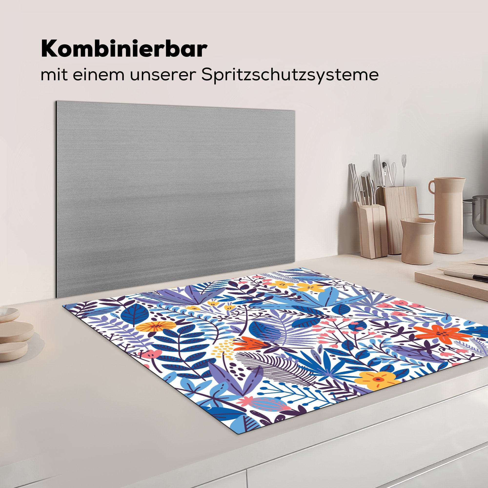 cm, für 78x78 - Sommer Flora (1 küche Ceranfeldabdeckung, Herdblende-/Abdeckplatte Arbeitsplatte tlg), - Vinyl, Weiß, MuchoWow