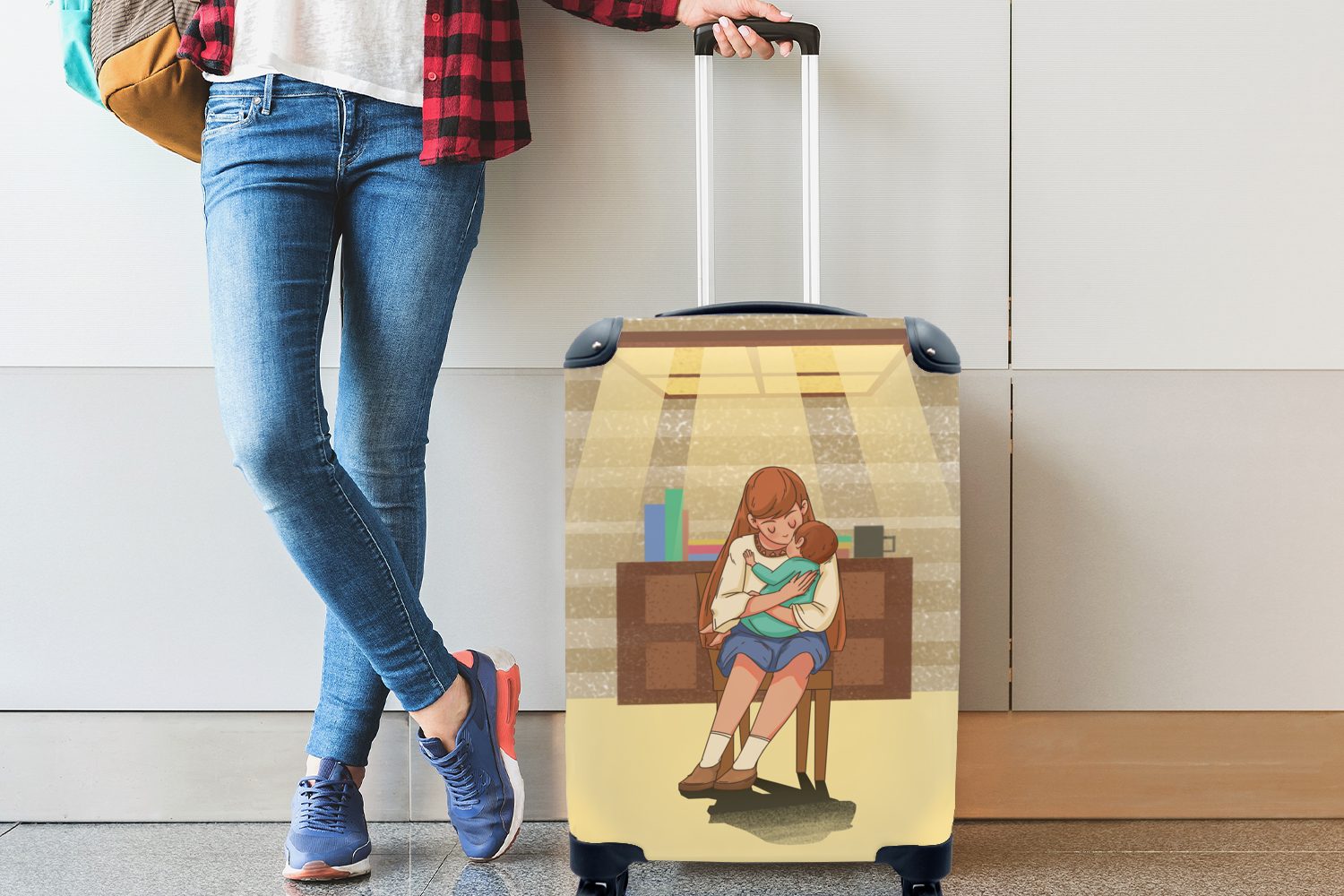 MuchoWow Handgepäckkoffer Muttertag Illustration Mutter mit 4 für kleinem Reisekoffer mit Ferien, Handgepäck Reisetasche Trolley, Rollen, ihren rollen, Kind in Armen