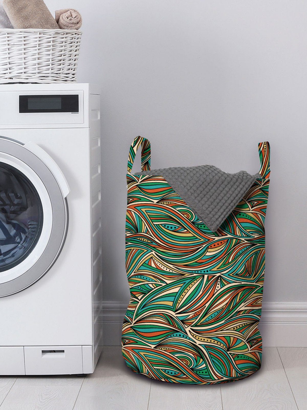 Kordelzugverschluss Abstrakt mit Abakuhaus Waschsalons, Linien Griffen gewirbelte Wäschekorb für Bunte Wäschesäckchen