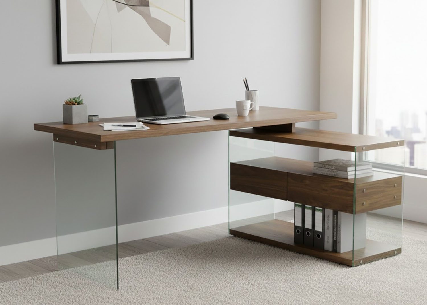Jahnke Eckschreibtisch LUX C 15 E, Eckschreibtisch,Glas,wechselseitig montierbar,2 Schubladen,B:145 cm