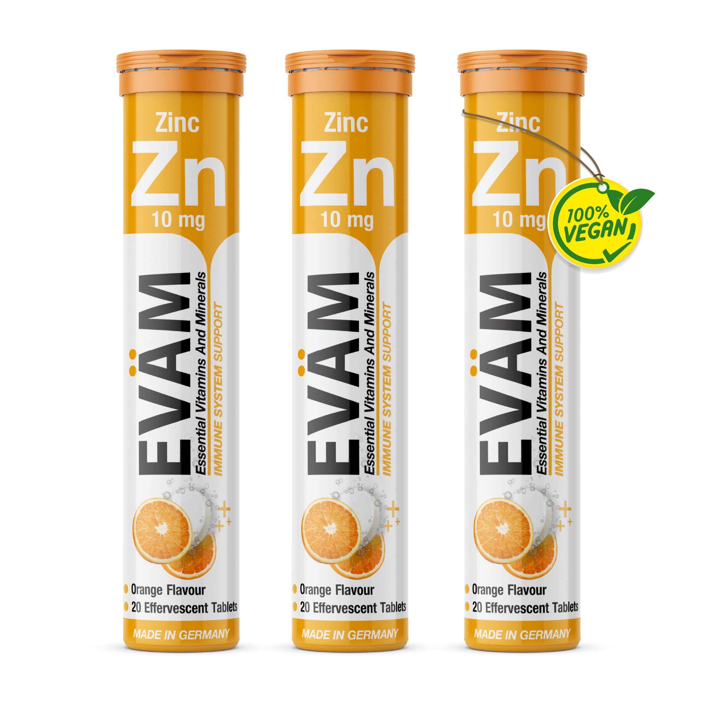 EVÄM Zink 10 mg Brausetabletten, Orange, vegan Brausetabletten, 3 er Set à 20 St., 246 g, Qualität aus deutscher Herstellung. 100 % des NRV pro Portion.