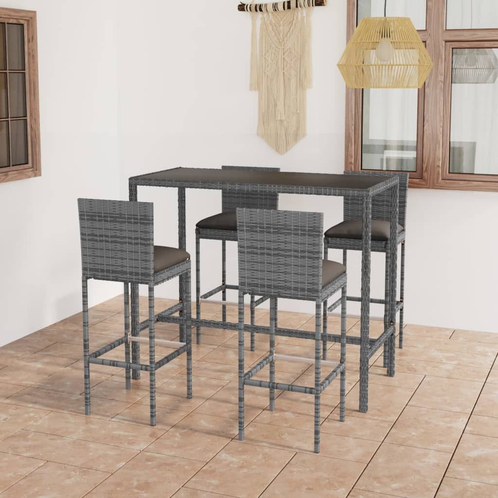 vidaXL Gartenlounge-Set 5-tlg. Gartenbar-Set mit Kissen Poly Rattan Grau, (4-tlg)