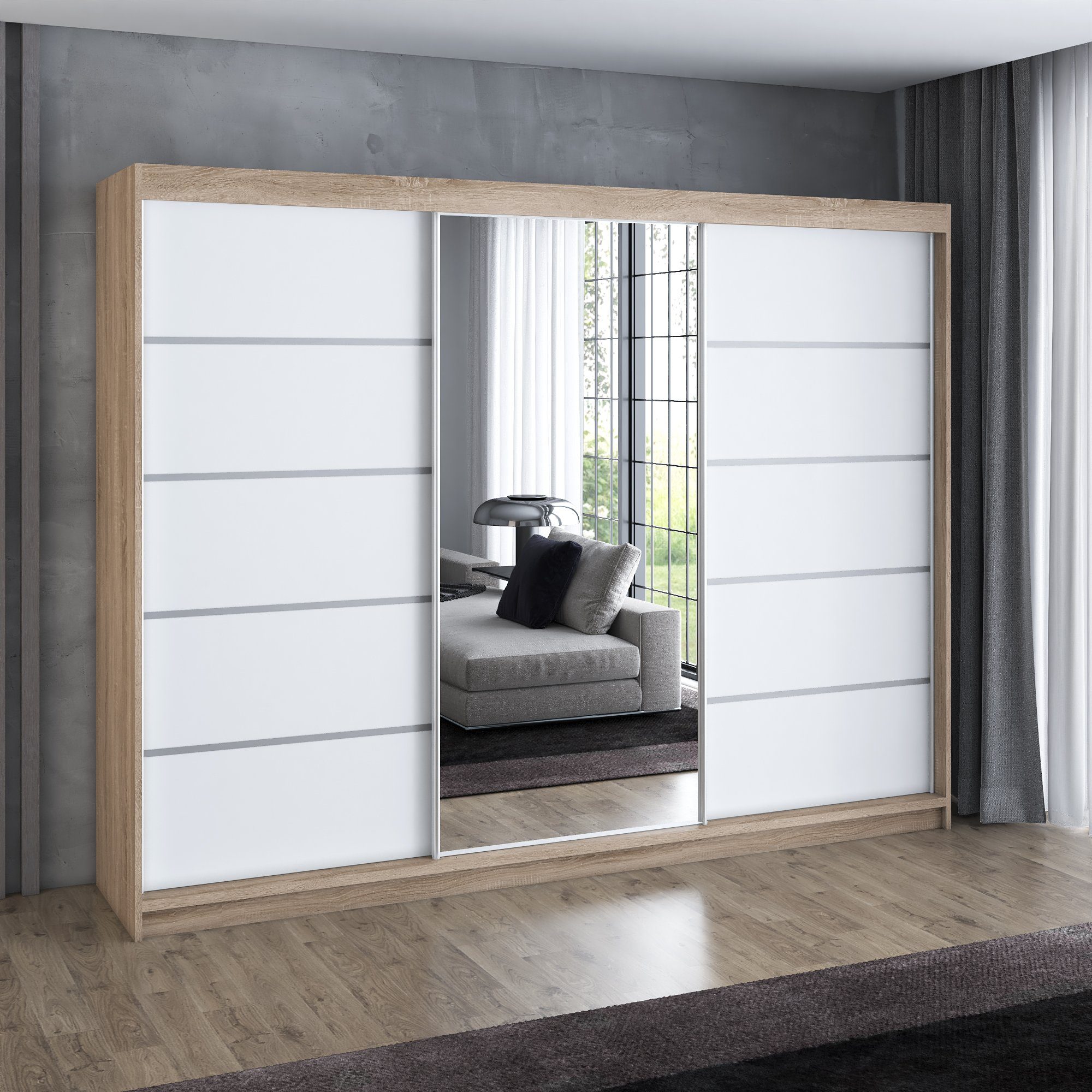 A&J MöbelLand GmbH Schiebetürenschrank VILUNO mit 4 Schubladen und Spiegel (nur für kurze Zeit! TOP ANGEBOT! Geräumiger Schrank mit einer Breite von 200 cm und Spiegel, ideal zur Aufbewahrung von Kleidung und Accessoires. 4 Schubladen und viel Stauraum. TOP PRODUKT! Wählen Sie das ideale Modell für Ihr Schlafzimmer!, Inclusive 4 Schubladen) Breite: 200 cm, Höhe: 215 cm, Tiefe: 59,5 cm