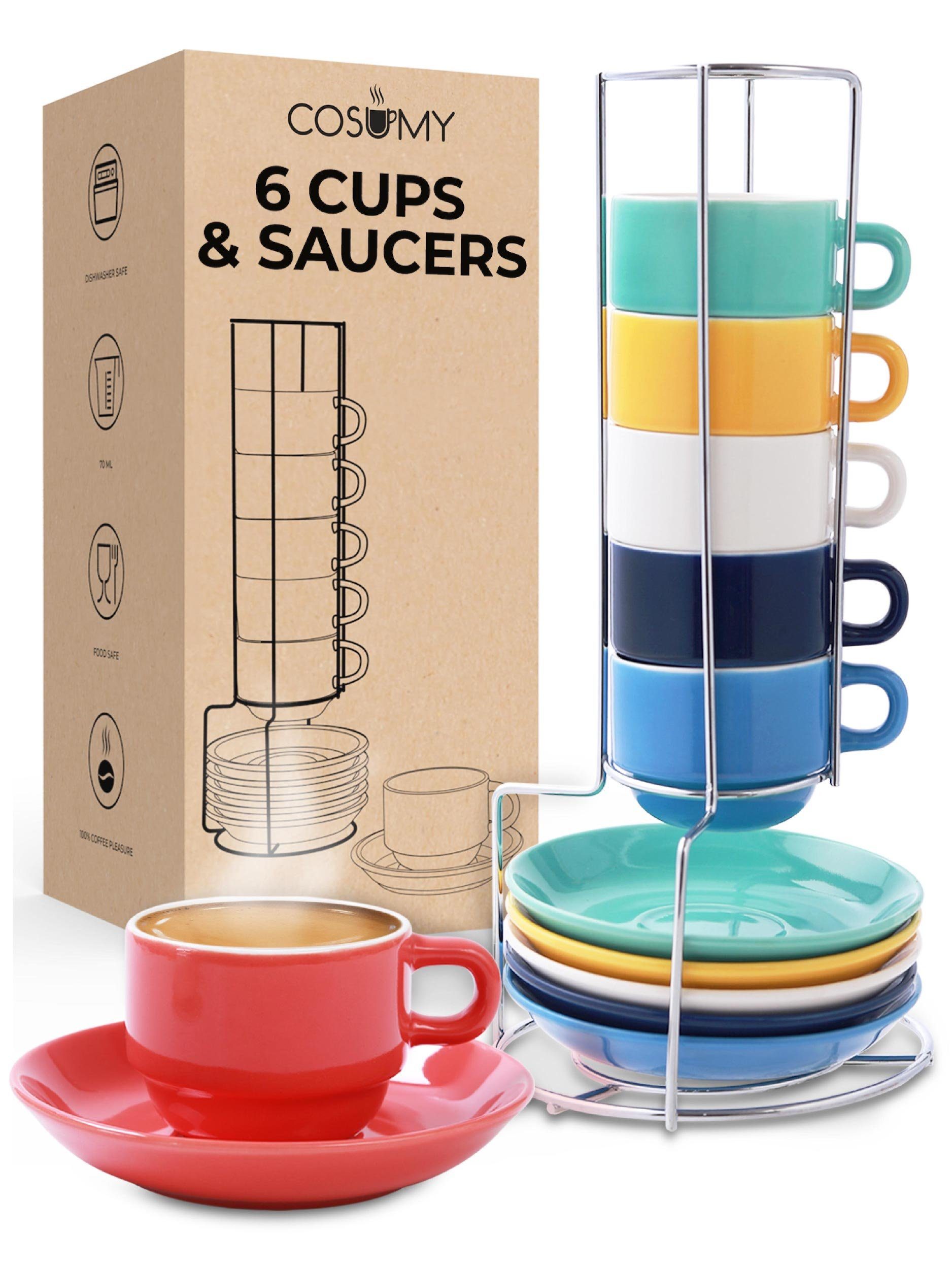 Cosumy Espressotasse 6 Espressotassen 70ml mit Farbig, Geschenkbox mit Farbmix - - - - Espressotassen 6er Untertassen Ständer Moderner - Keramik Warm Hält Bunt Set Keramik, Lange