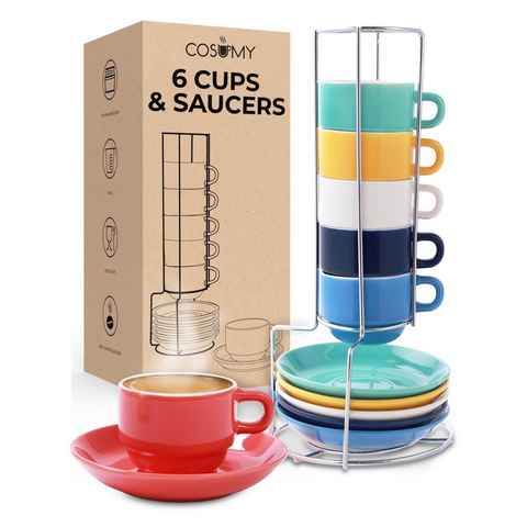 Cosumy Espressotasse 6 Espressotassen mit Ständer Farbig, Keramik, Espressotassen 6er Set Bunt mit Untertassen - Keramik - Hält Lange Warm - Moderner Farbmix - Geschenkbox - 70ml