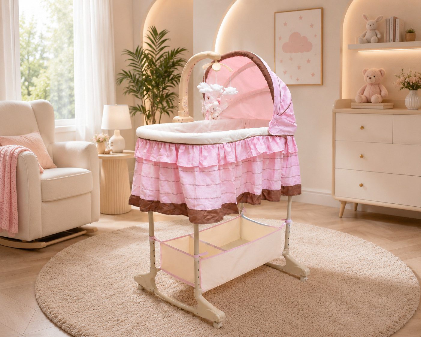 Best for Kids Stubenbett Babybett mit Metallrahmen, Melodie, Matratze&verstellbarer, 6-tlg., 4-in-1 Funktion, Schaukelmodus, Musikmobile, Nachtlicht
