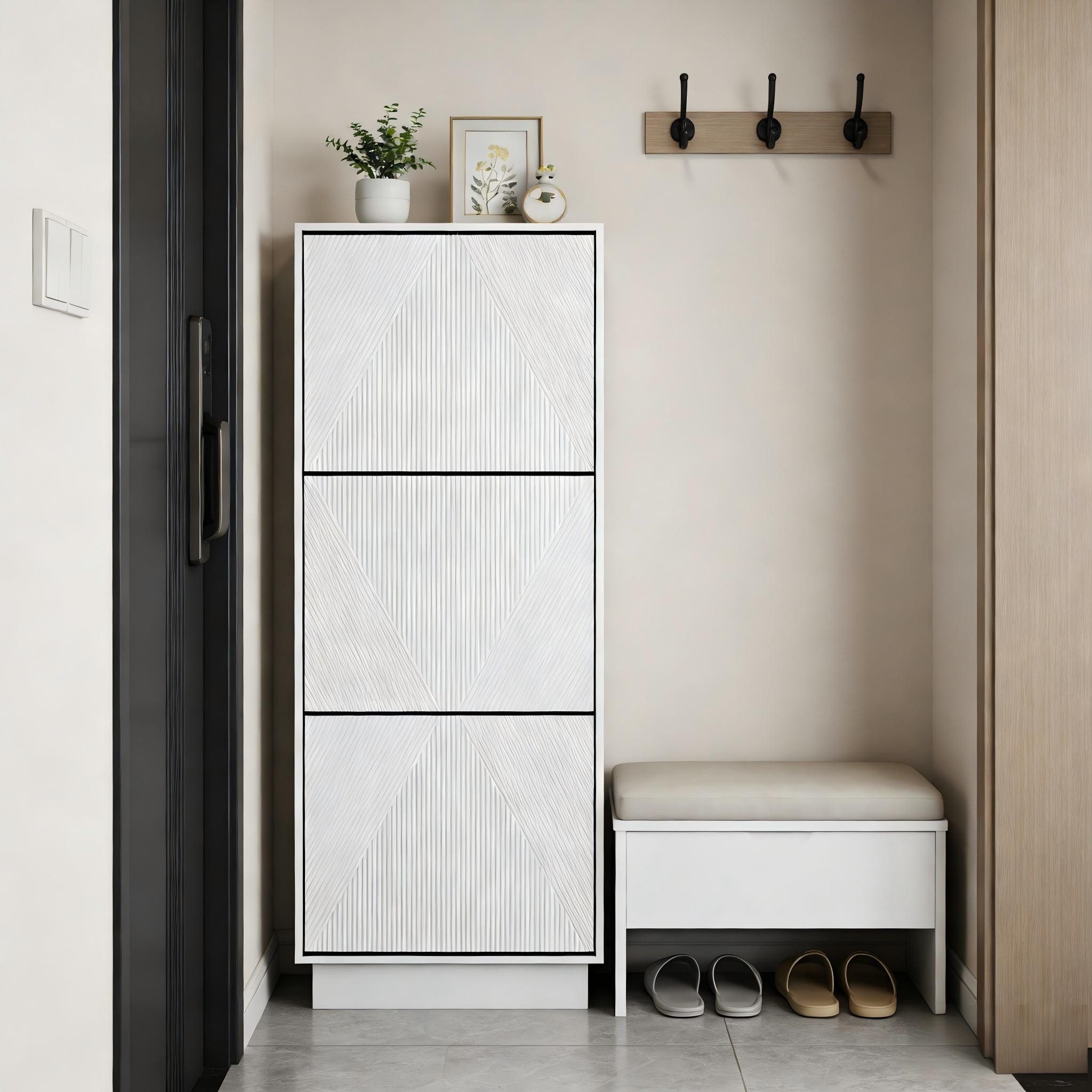 UEV Schuhschrank mit 3 Klappen Schuhkommode hoch schmal (Schuhaufbewahrung) Modern Schuhregal mit Kippschutz für Flur Eingang Platzsparend