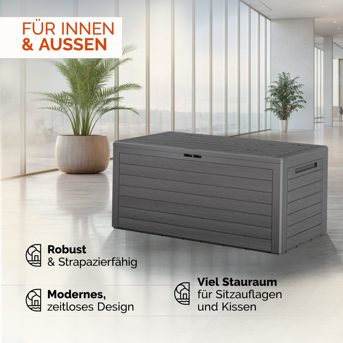 Casaria Auflagenbox Woody (1 St), 280L UV-beständig Griffmulden Verschließbar Balkon Holz-Optik Grau – Bild 5 von 5