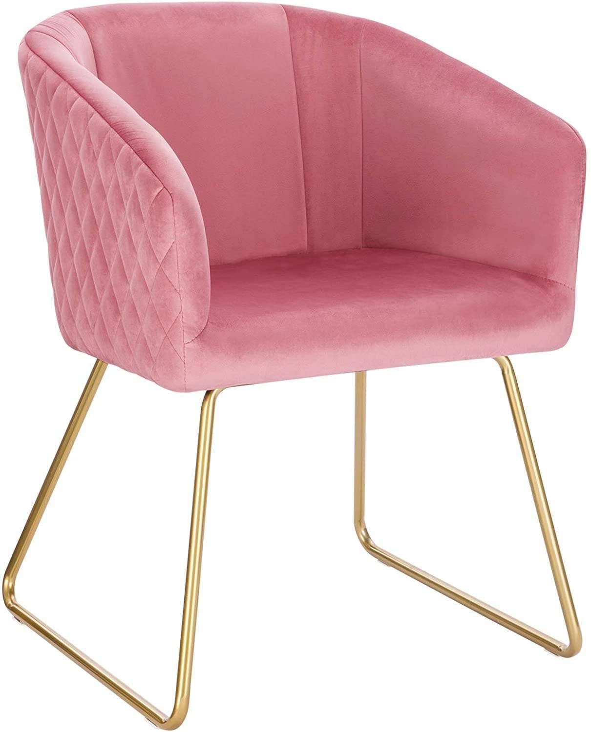 Woltu Polsterstuhl (Set, 1 St), Küchenstuhl mit Armlehne, Sitzfläche aus  Samt, Metall, Gold Beine, Rosa