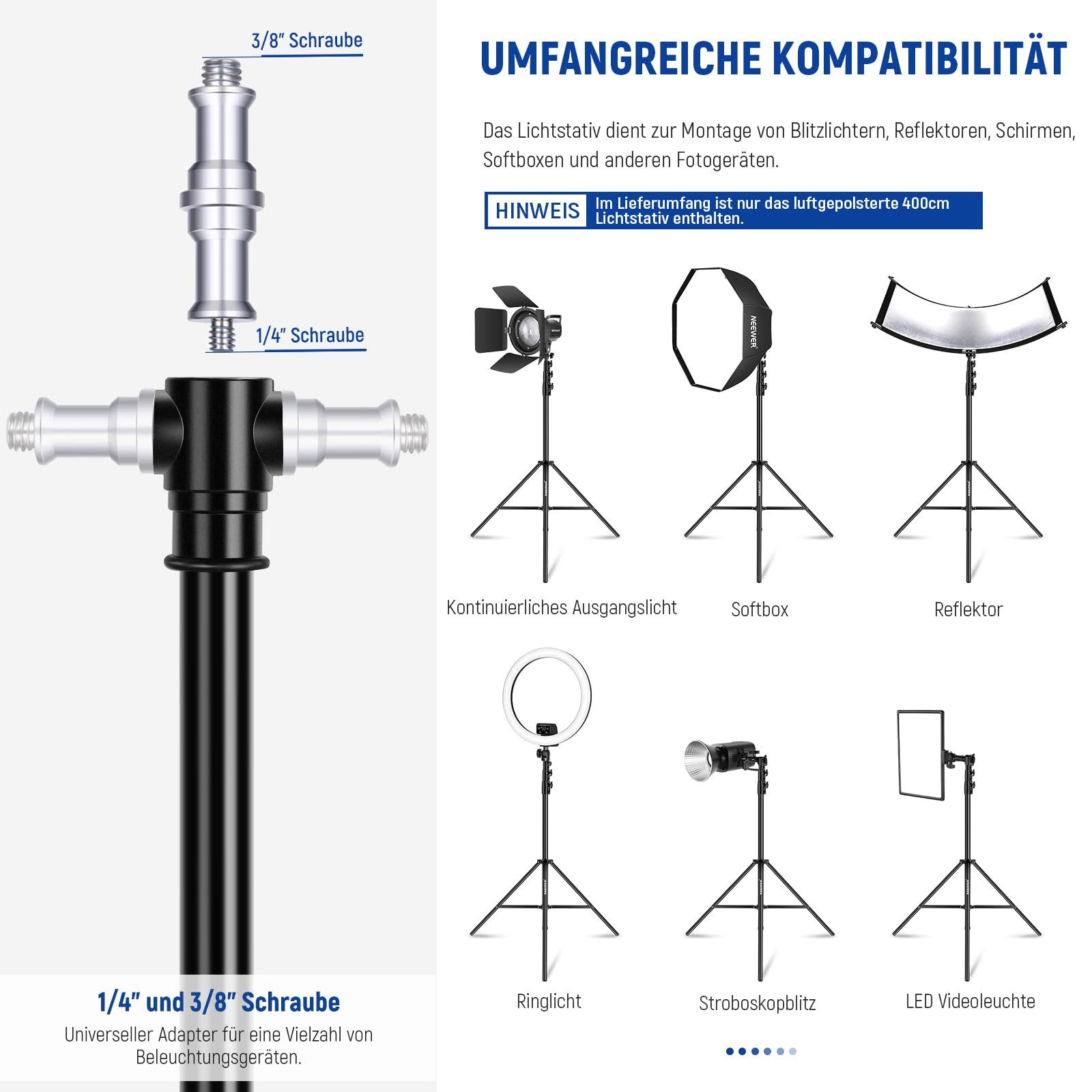 Neewer ST-400AC 4m Lichtstativ, Luftgepolstertes Heavy Duty Metallstativ Lampenstativ (Höhenverstellbar 137–400cm, Tragfähigkeit: 3kg, für Fotografie Lampen)